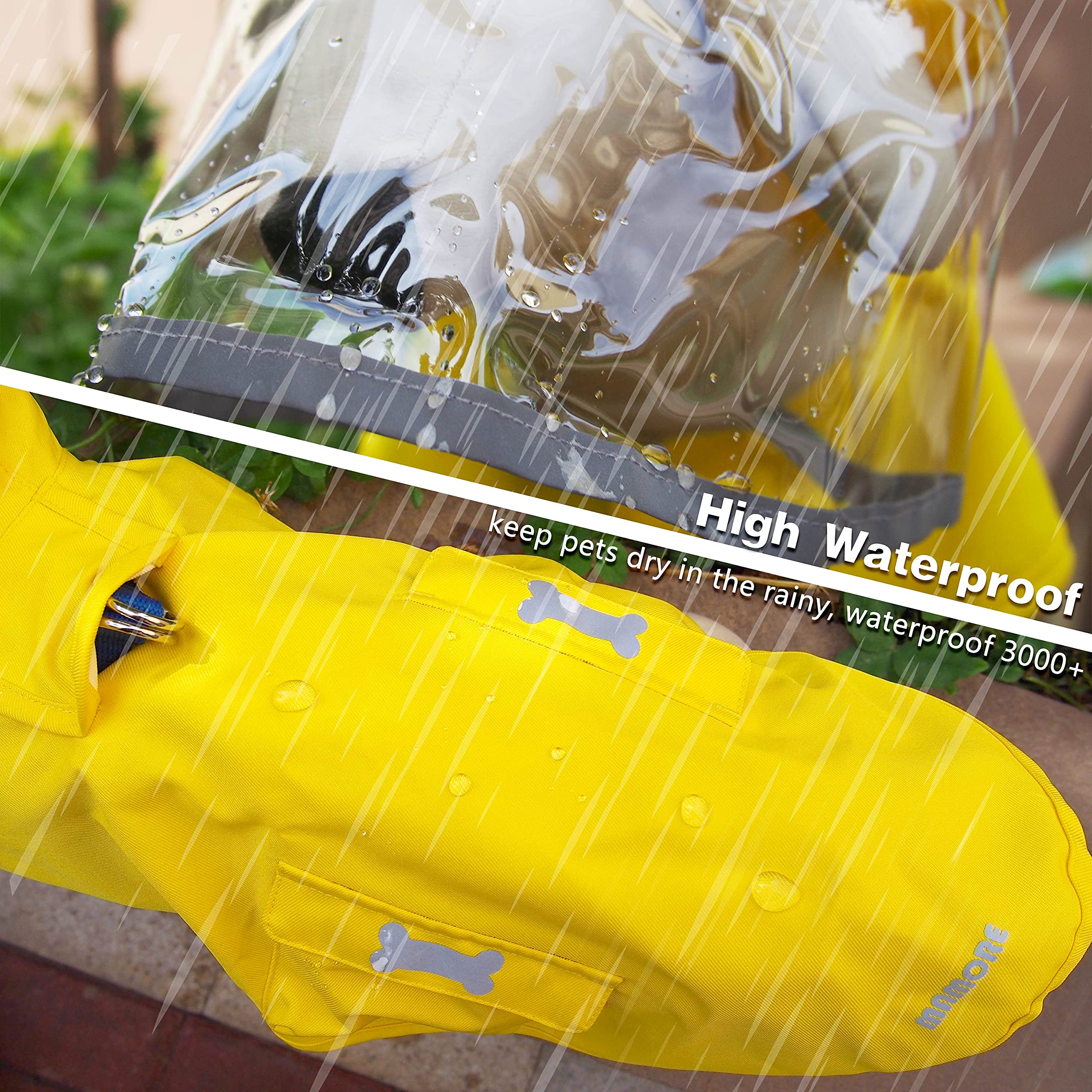 Dog Waterproof Raincoat with Poncho Hoodie, High Reflective Adjustable Yellow Pet Rain Jacket with Leash Hole for Small Medium a