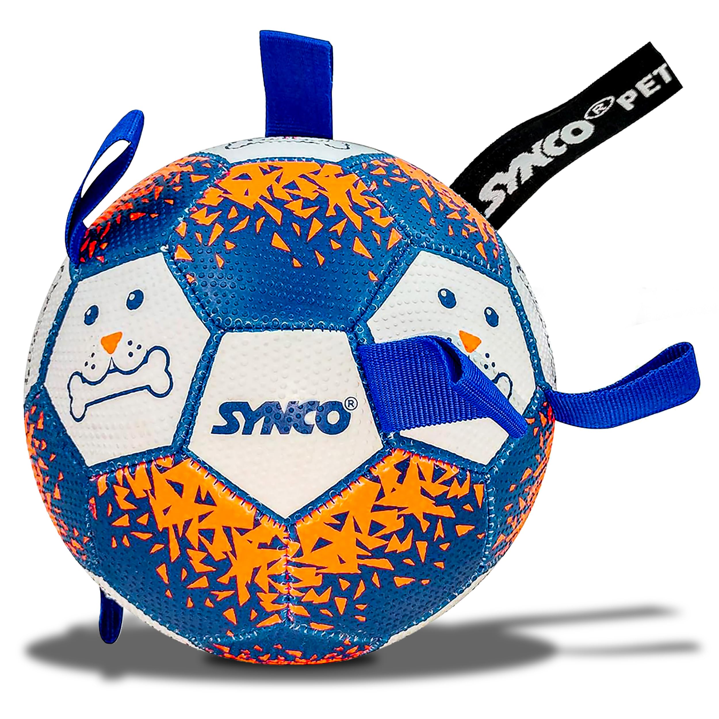 Synco Dog Football Graphic Blue with Blue Holding Loops, Durable Rubber Dog Ball Toy for Tug, Fetch & Training, Interactive Pet 