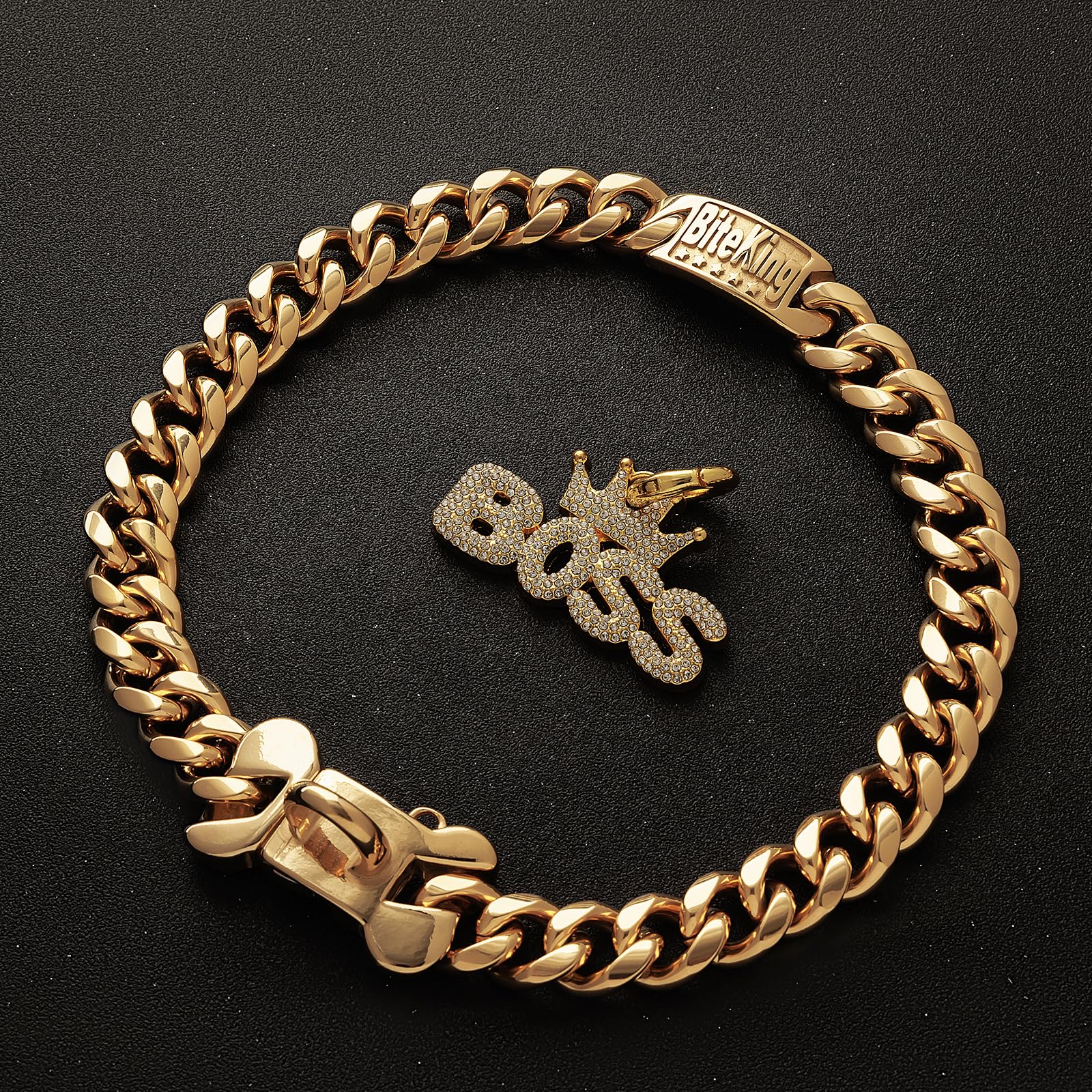 Biteking 18K Cuban Link Dog Collar, 15Mm Gold Dog Chain Collar, Heavy Duty Walking Metal Pet Cuban Collar Jewelry For Small Dogs