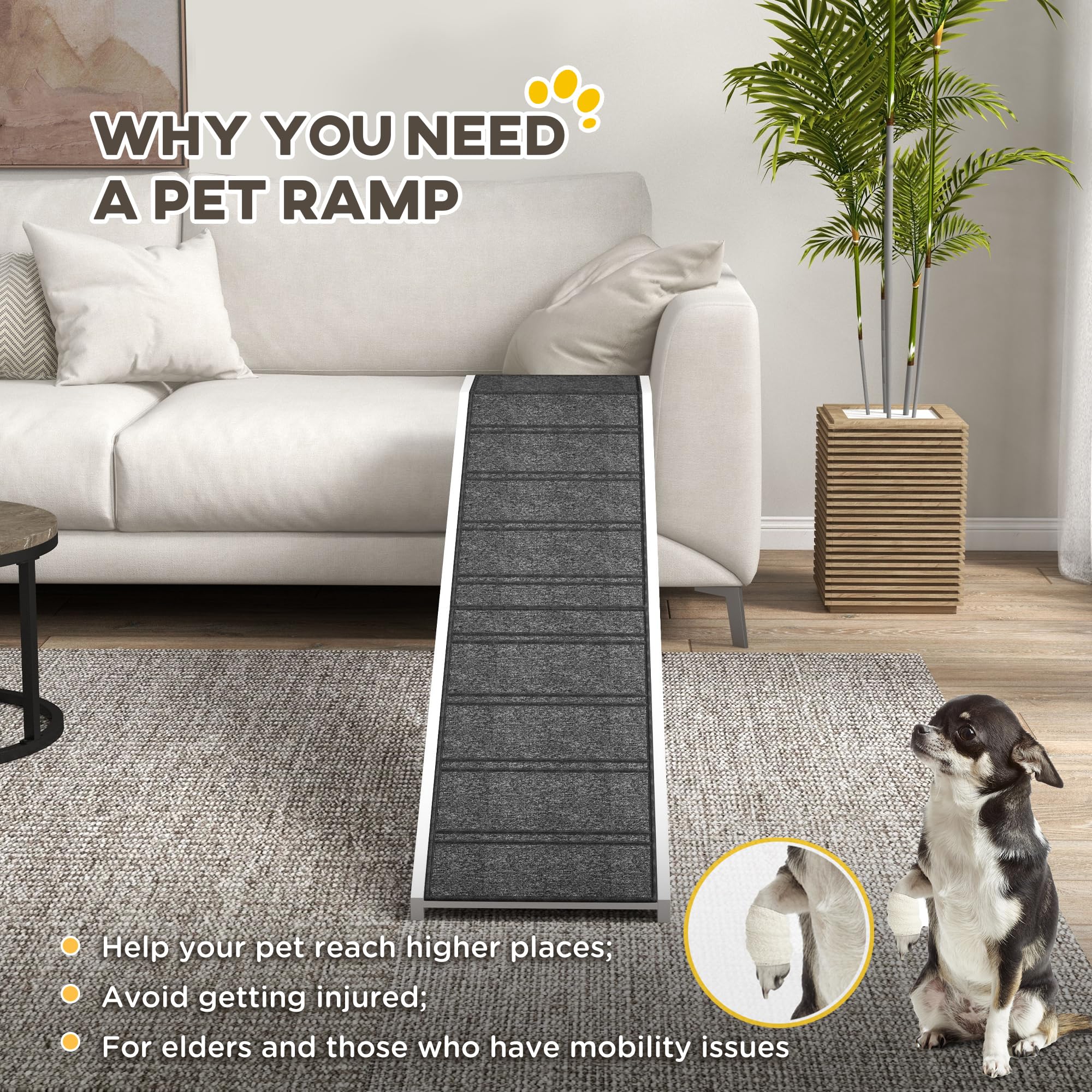 PawHut 74 Dog Ramp for Bed, Non-Slip Carpet, White - Pet Ramp with Top Platform for Easy Pet Access