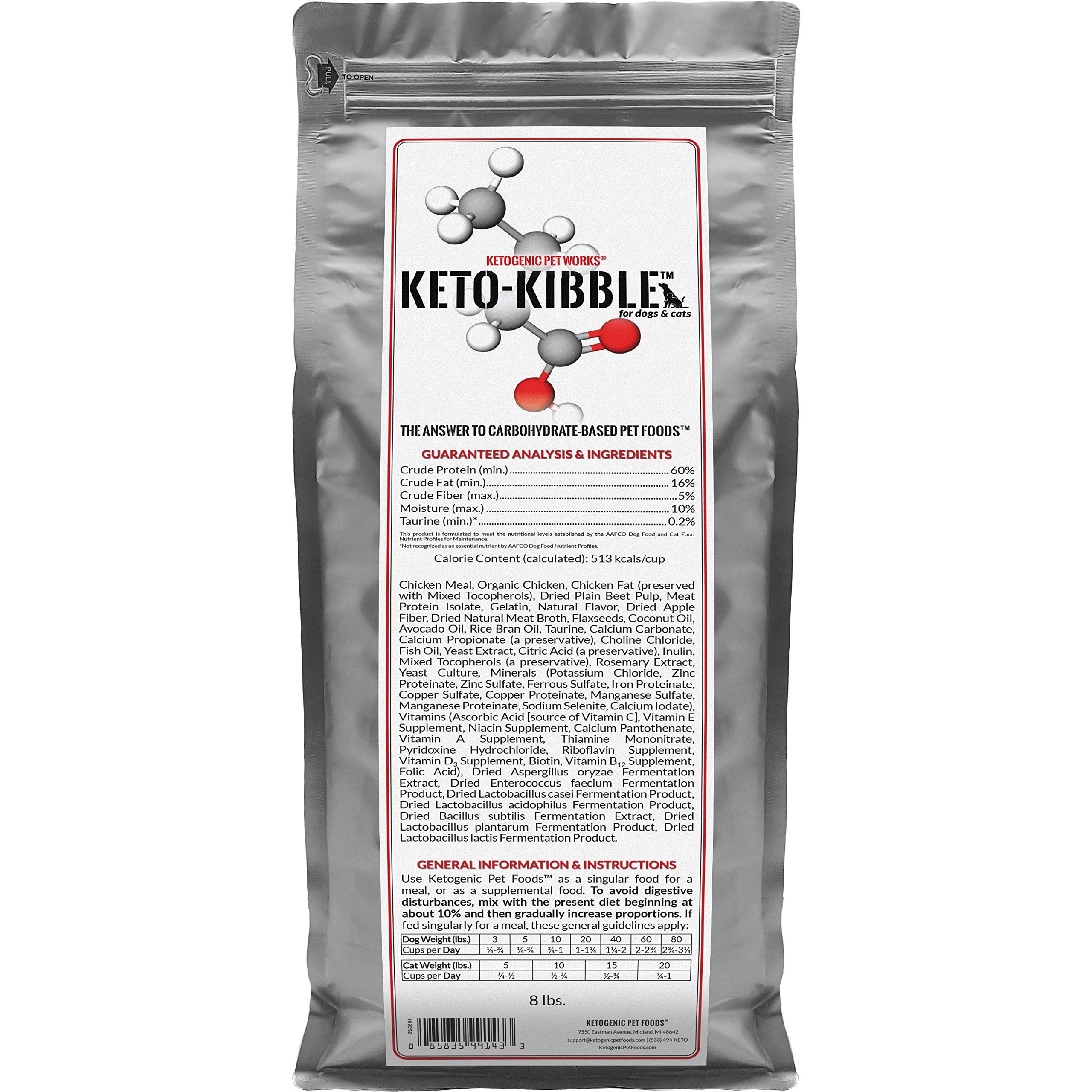 Ketogenic Pet Foods - Keto-Kibble - High Protein, Low Carb, Starch Free, Grain Free Dog & Cat Food - 8 lb