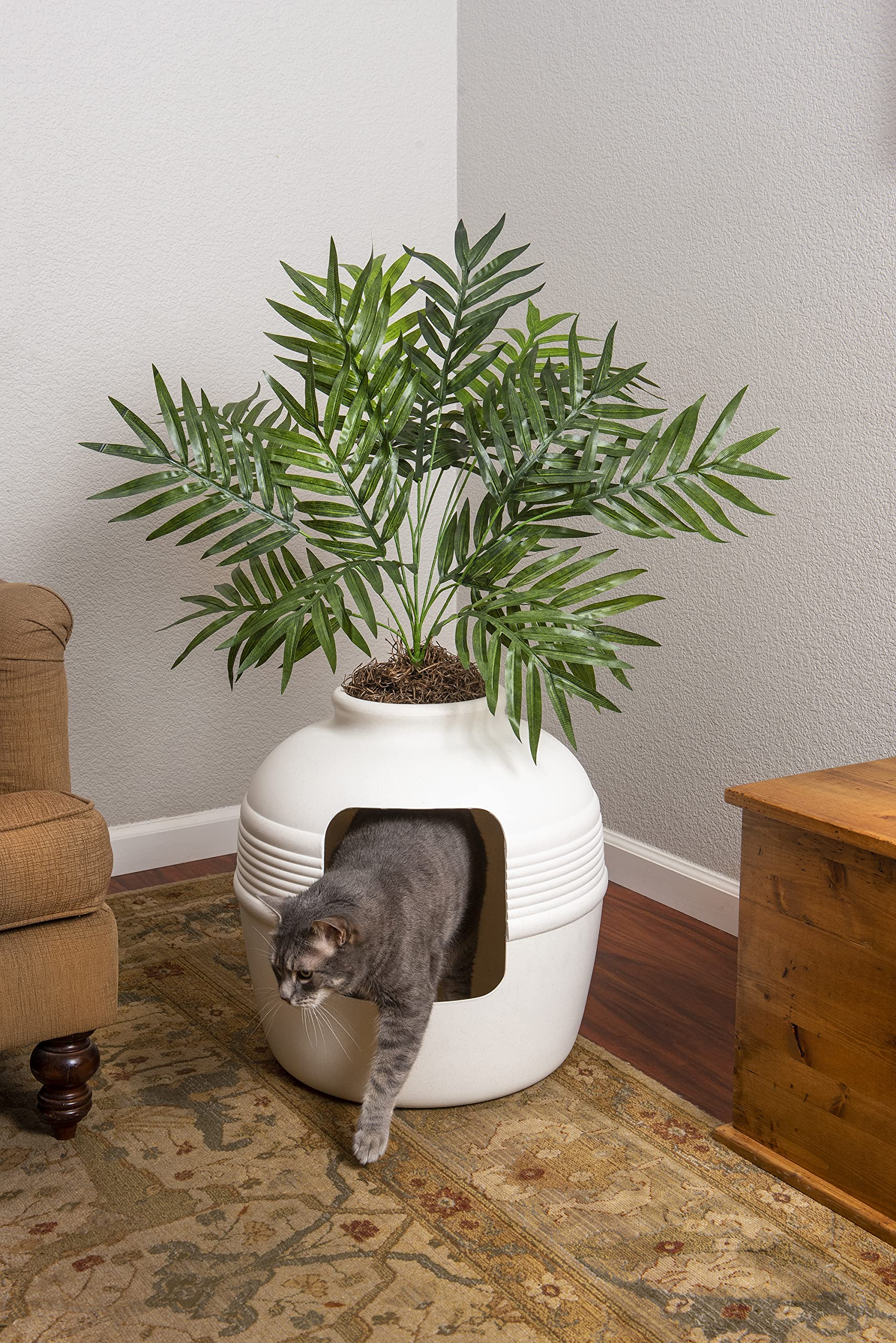 Good Pet Stuff Hidden Cat Litter Box Enclosure with Artificial Plant, Decorative Round Planter, Vented Carbon Charcoal Filter fo