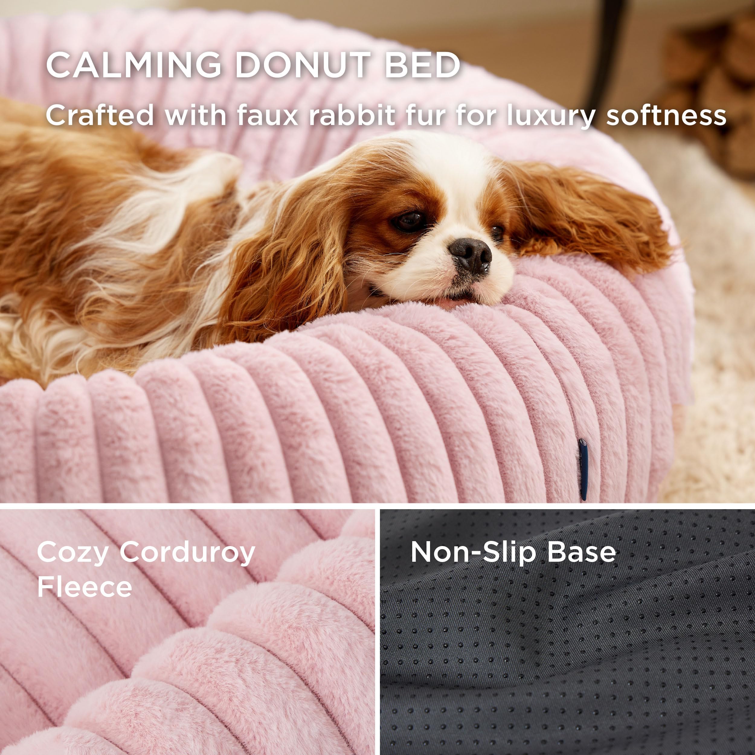 Bedsure Donut Large Dog Bed - Washable Faux Fur With Corduroy Fleece & Anti Slip Bottom, Round Pet Bed With Removable Cover, Blu