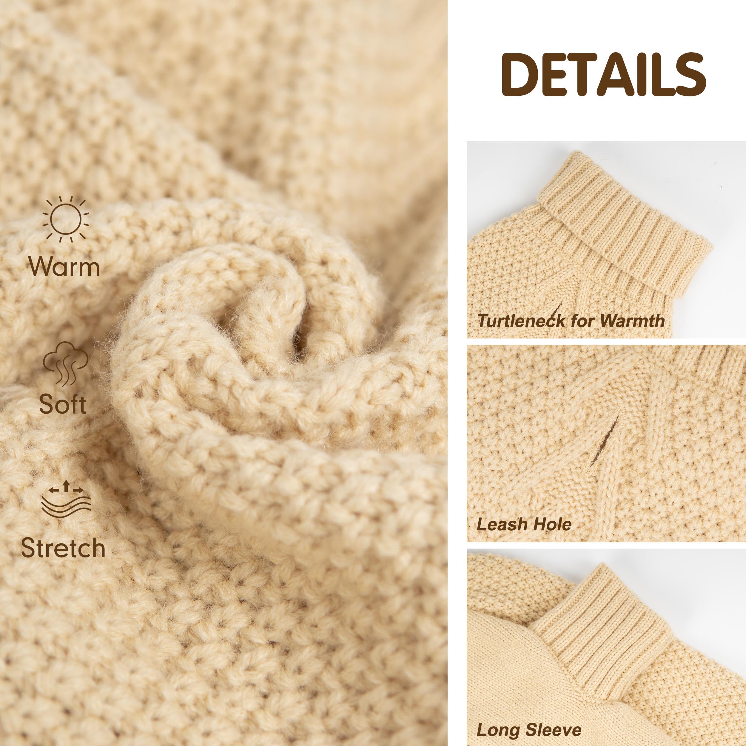 cyeollo Dog Sweater Knitwear with Leash Hole Turtleneck Pullover Sweaters Fall Winter Dog Clothes Sweaters for Large Dogs, Beige