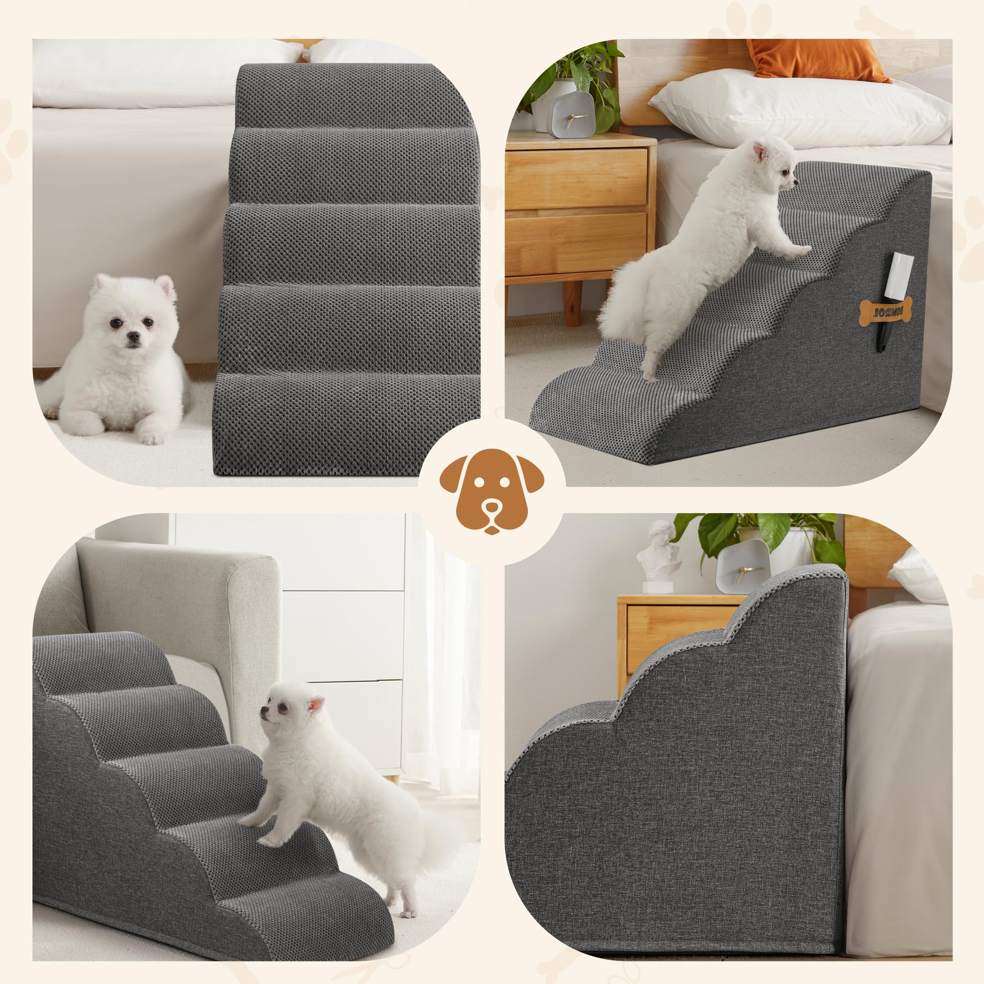 Romrol Dog Stairs Ramp For Small Dogs, Pet Stairs Steps With Durable Non-Slip Waterproof Fabric Cover, Dog Slope Stairs To Bed For Small Dogs And Cats Or Pets Joints, 5-Steps, Grey
