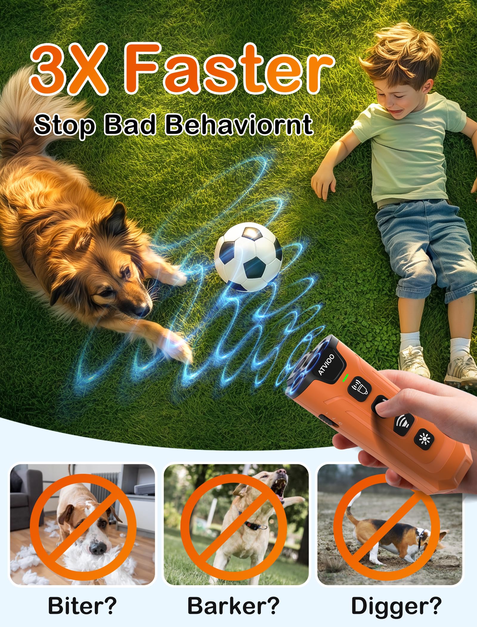 Atvioo Dog Bark Deterrent Device - Ultrasonic Anti-Barking Devices With 3X Sonic Emitters, Up To 50Ft Long Range & Rechargeable