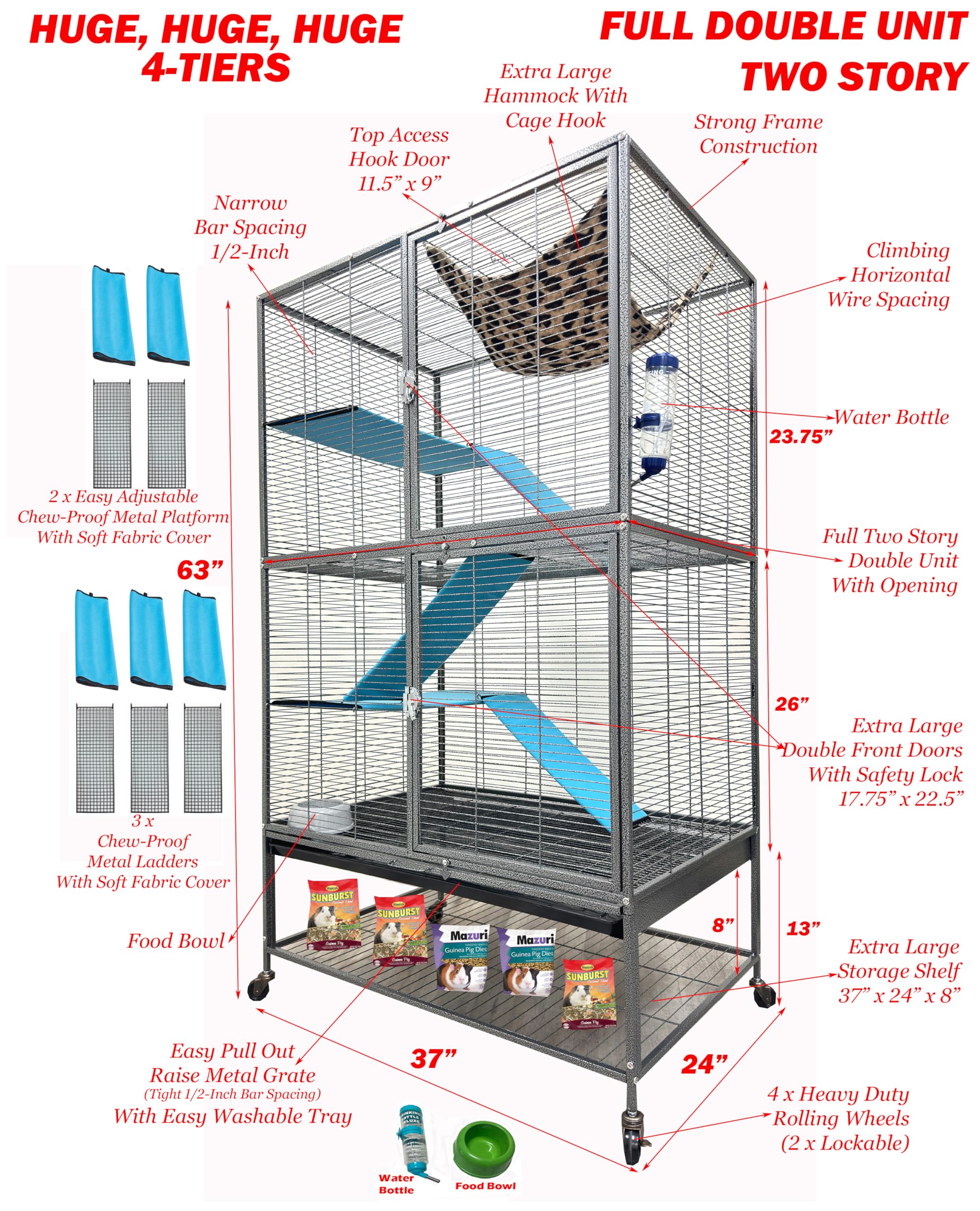 Huge 37''X24''X63''H Deluxe Two Full Story Double Unit Tight 1/2-Inch Bar Spacing X-Large Double Front Doors For Feisty Ferret H