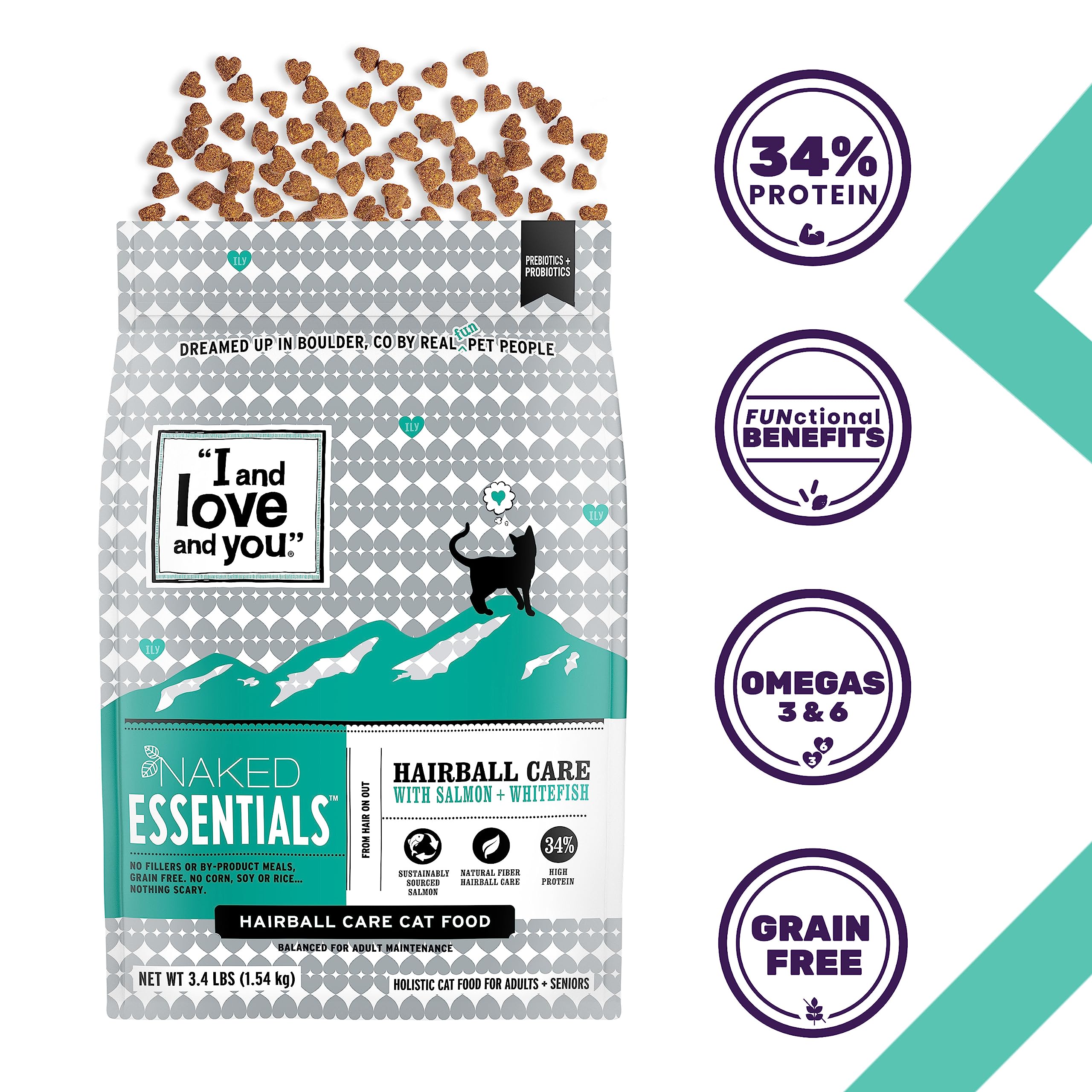 I AND LOVE AND YOU Naked Essentials Dry Cat Food - Salmon + Whitefish for Hairball Care - Grain Free, Real Meat, No Fillers, 3.4