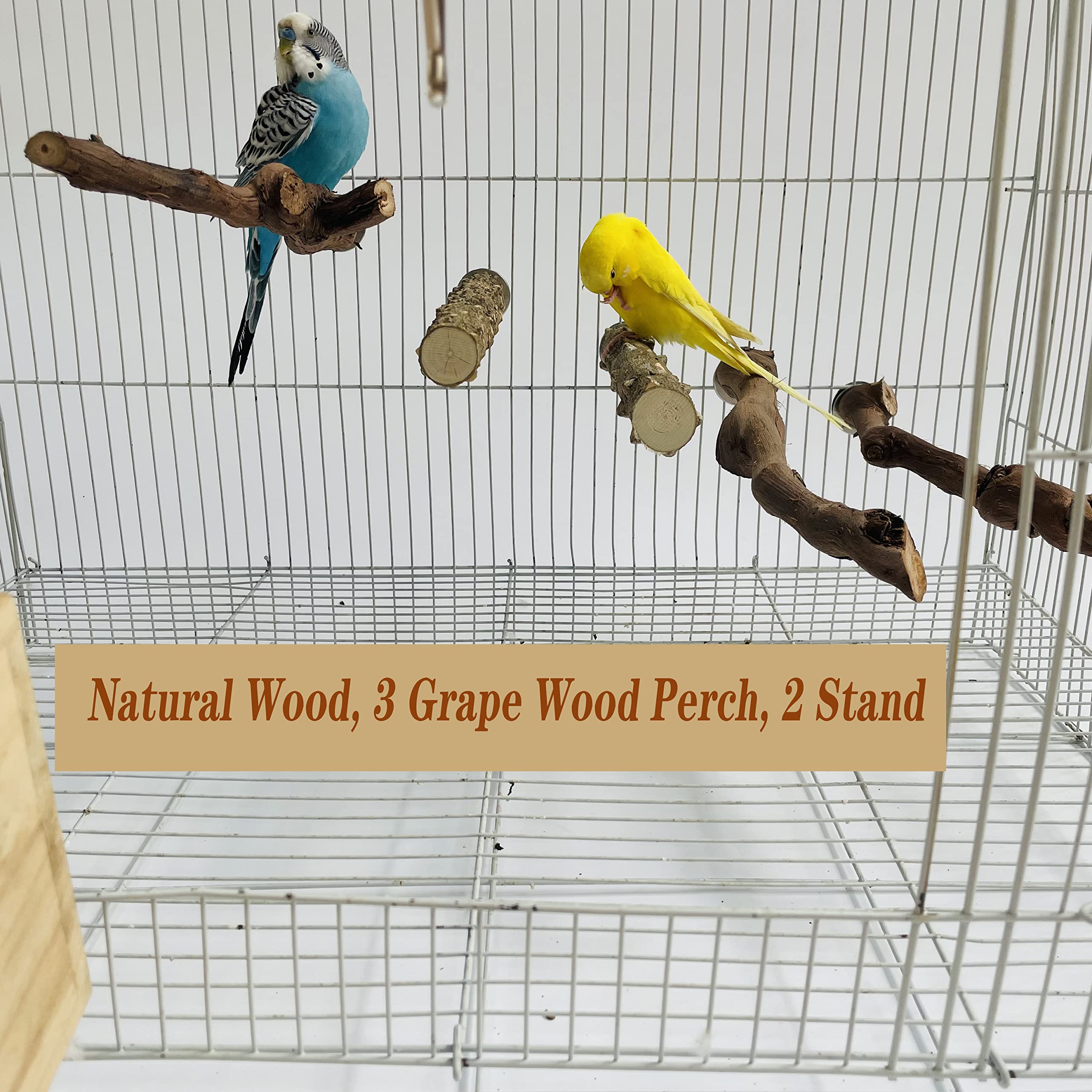 5Pcs Bird Perch Stand Natural Wooden Parrot Stand Branch, 3 Grape Wood Perch, 2 Stand, Paw Grinding Fork Parakeet Chewing Stick