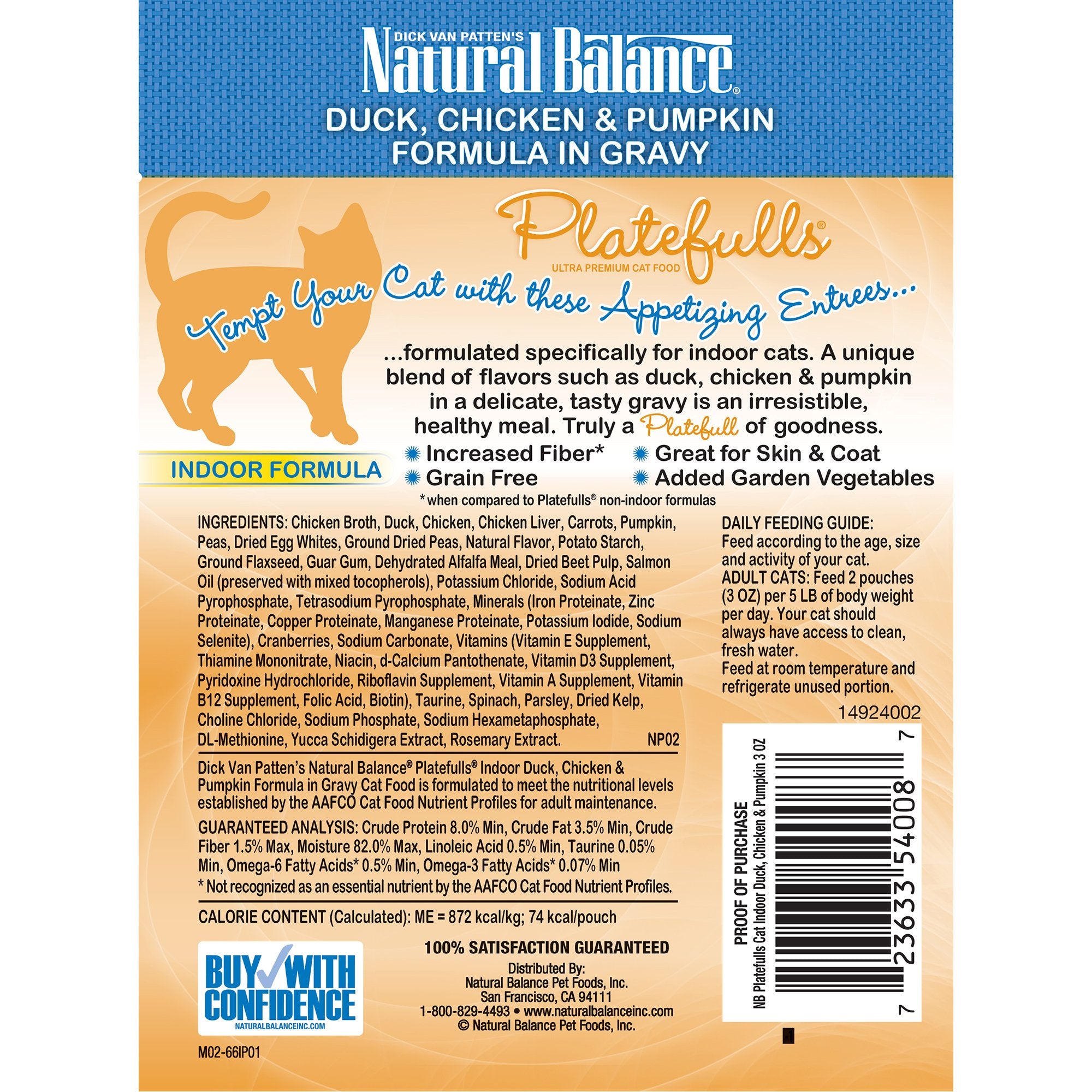 Natural Balance Original Ultra Platefulls Indoor Adult Grain Free Wet Cat Food, Duck, Chicken & Pumpkin Recipe, 3 Ounce Pouch (P