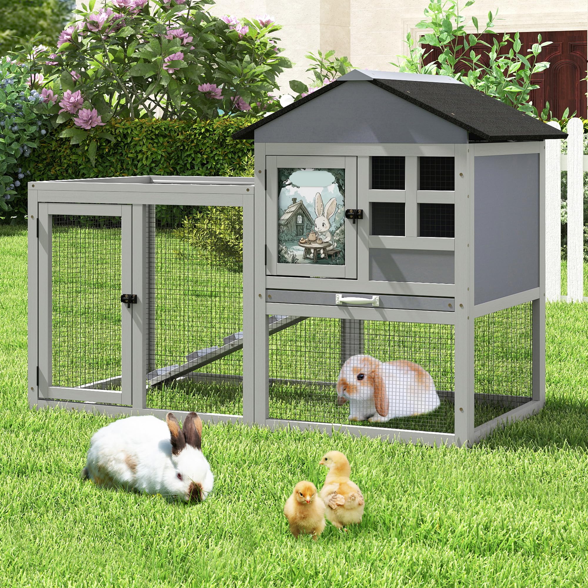 48 L Large Rabbit Hutch Outdoor Indoor, Expandable 2-Story Wooden Bunny Cage with Run, Removale Tray, 3 Entrances, Grey + Colorf