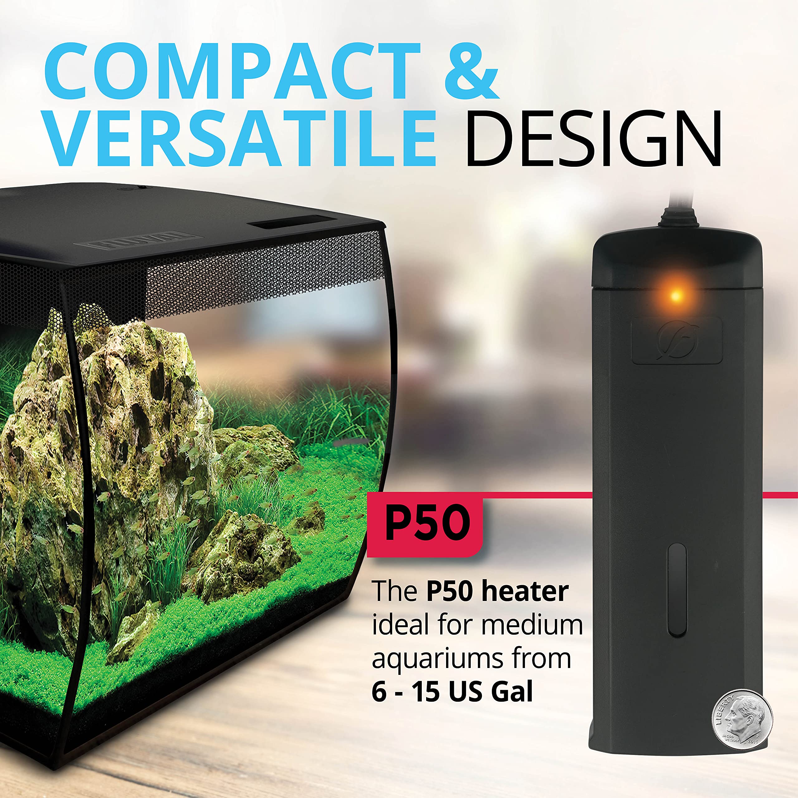 Fluval P50 Submersible Aquarium Heater – 50W, Preset 76-78°F For Freshwater & Saltwater Tanks Up To 15 Gal, Shatterproof, Fully Submersible, Led Indicator, Durable & Safe Fish Tank Heater