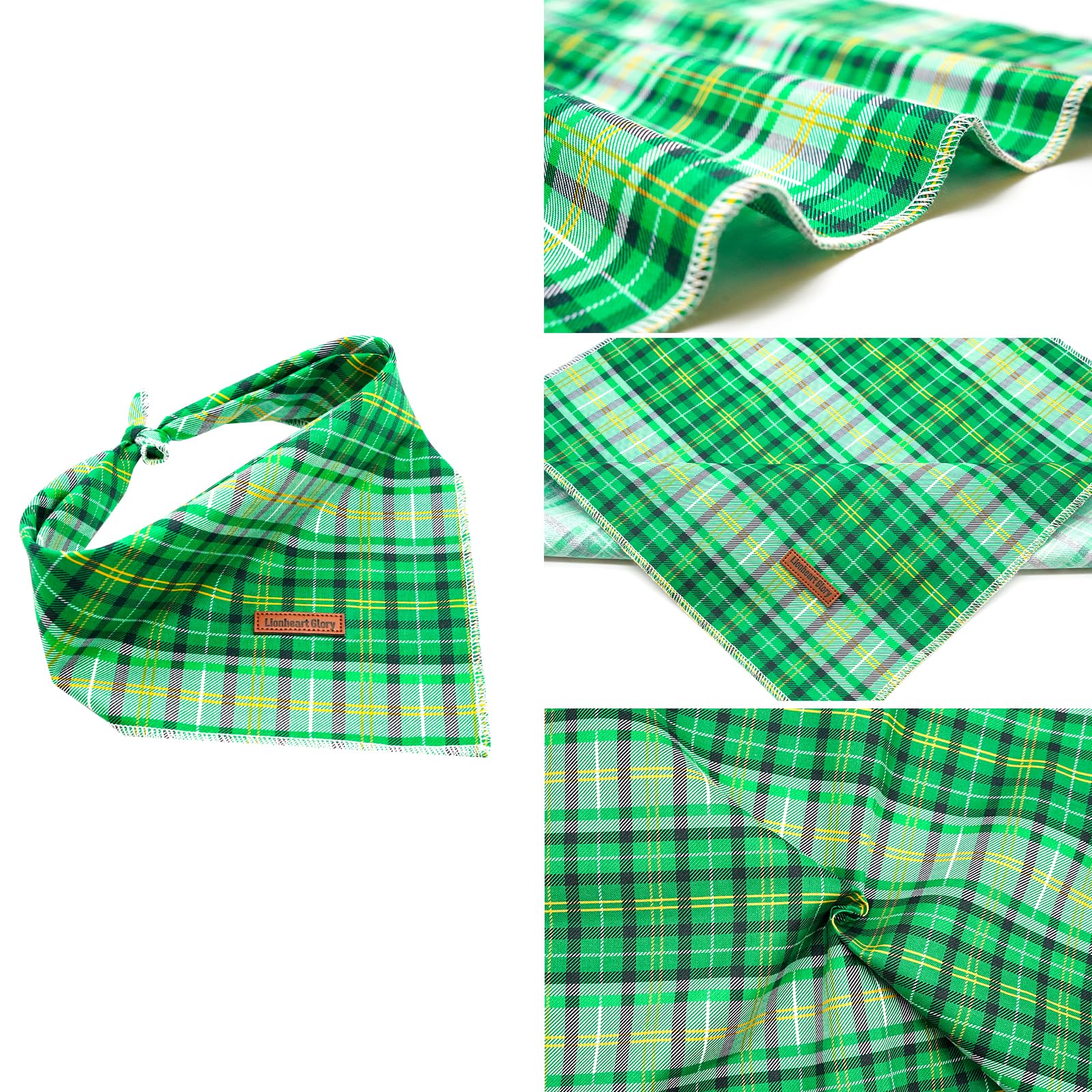 Lionheart Green Plaid Dog Bandana - Soft Washable Square Adjustable Scarf For Small Dogs And Cats