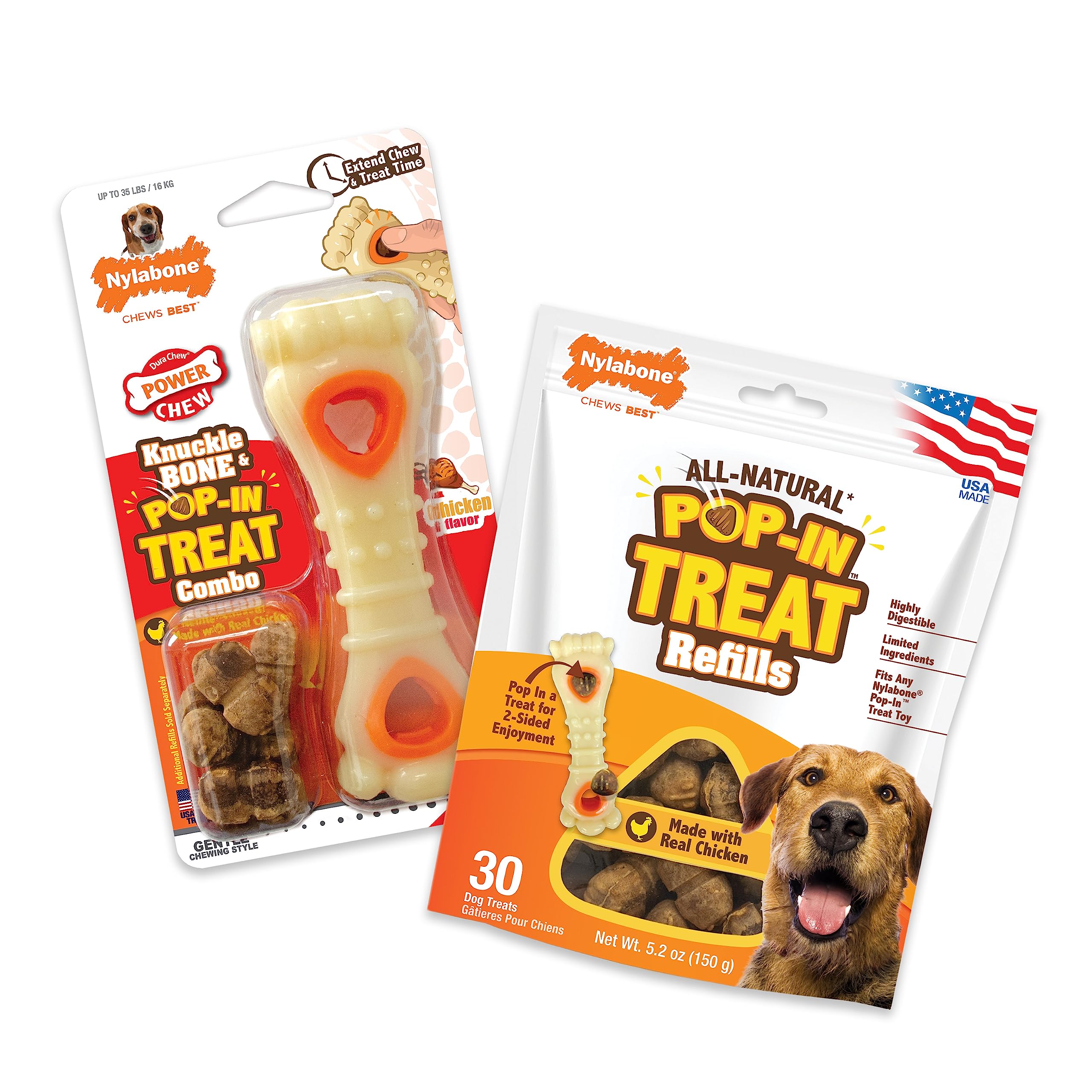 Nylabone Power Chew Knuckle Bone & Pop-in Dog Treat Toy Combo with Chicken Flavor Treat Refills, Chew Toy for Aggressive Chewers