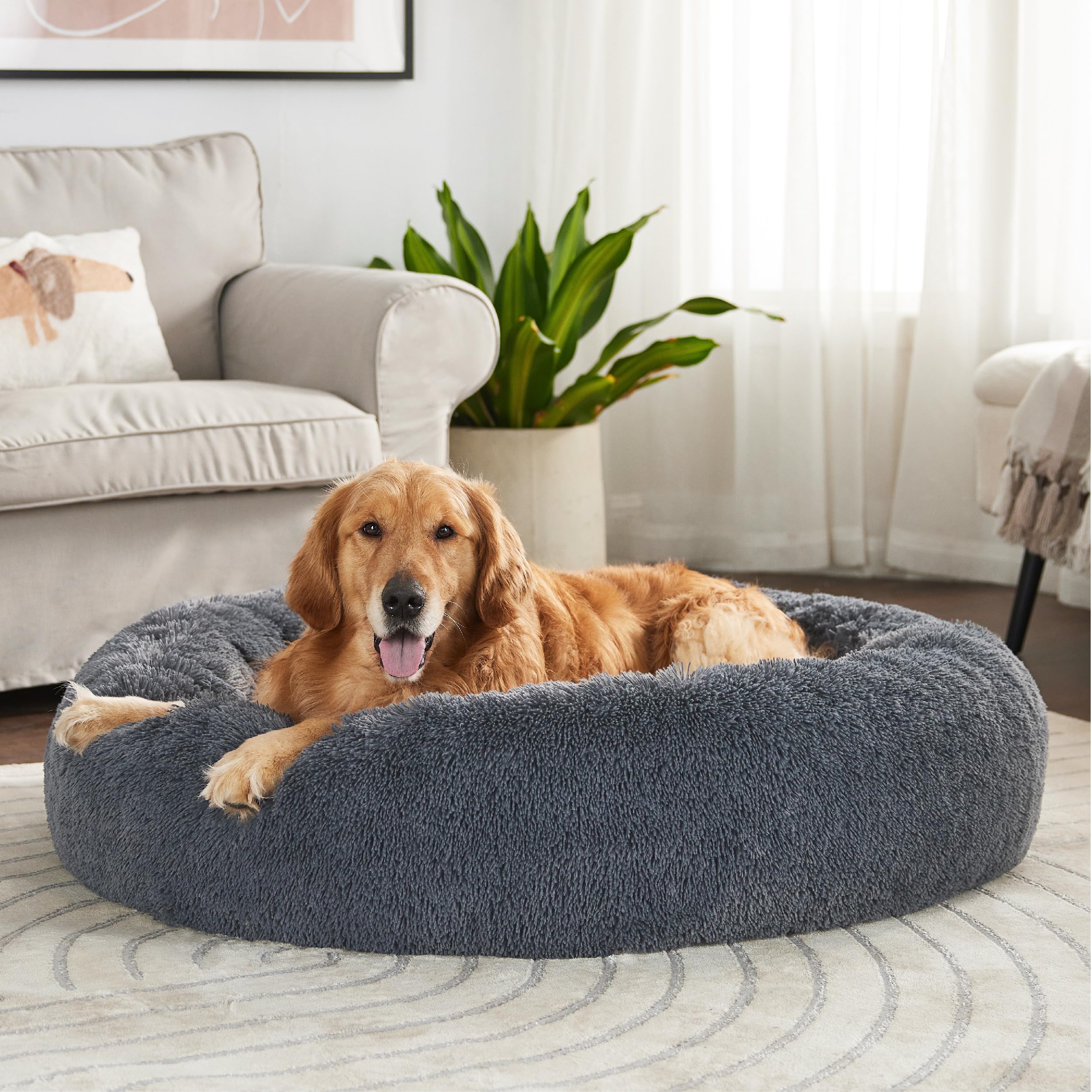 Bedsure Calming Dog Bed For Extra Large Dogs - Donut Washable Large Pet Bed, 45 Inches Anti-Slip Round Fluffy Plush Faux Fur Dog