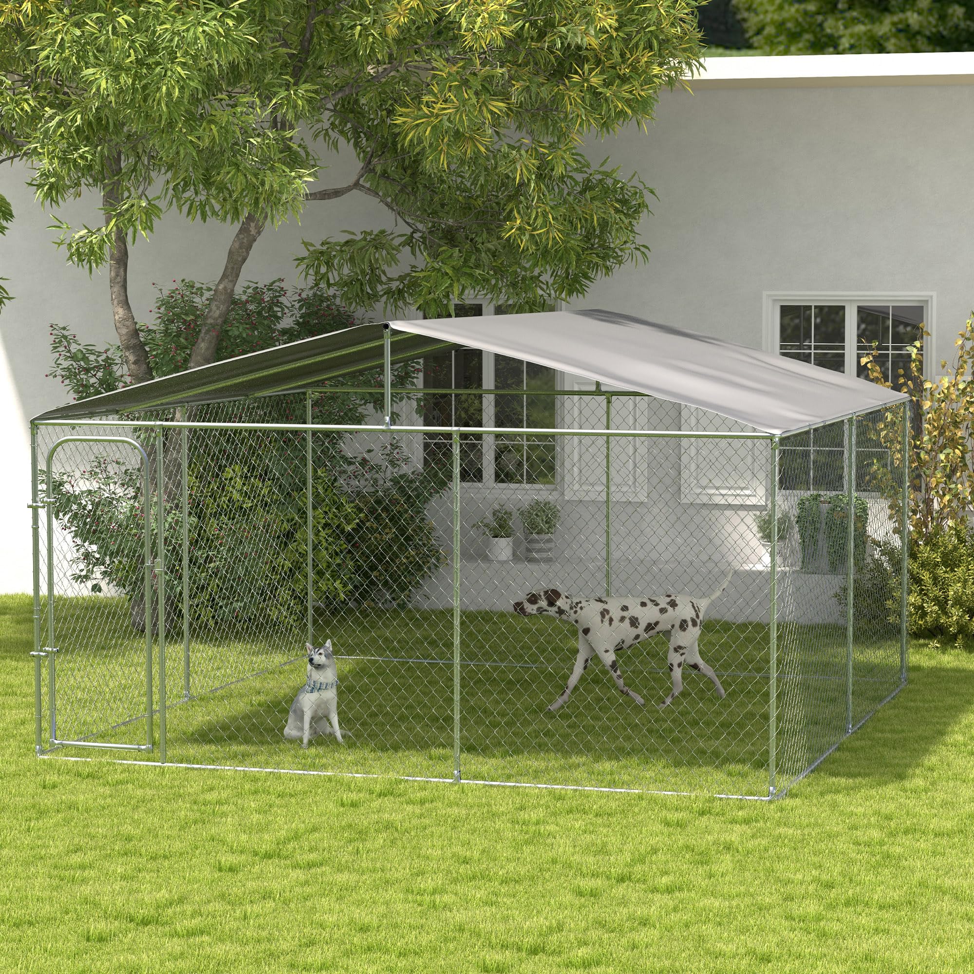 PawHut Dog Kennel Outdoor with Waterproof Canopy, Dog Run with Galvanized Chain Link, Secure Lock, for Backyard and Patio, 13 x