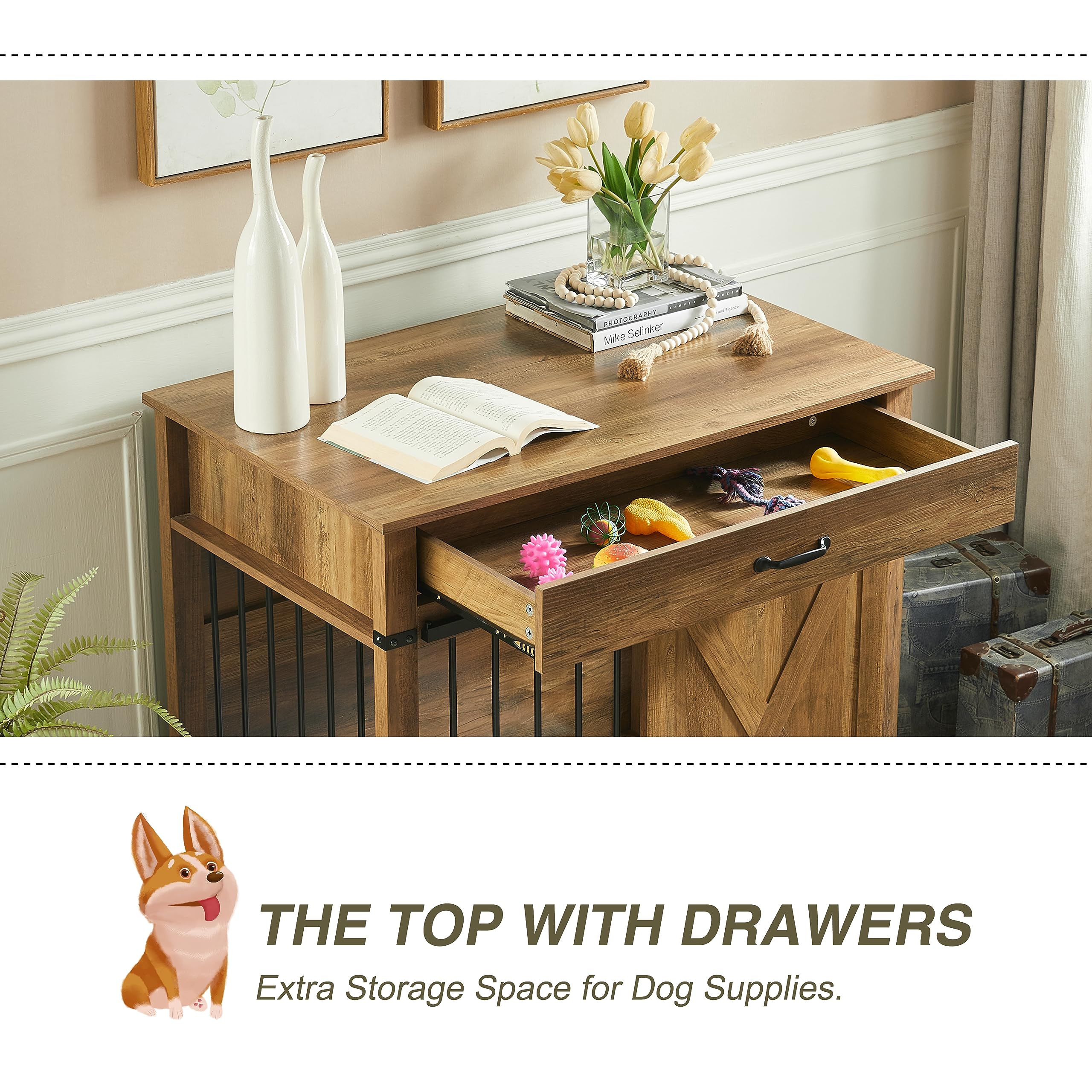 EDYO LIVING 38 Large Dog Crate Furniture with Sliding Barn Door, Wooden Dog Kennel with Drawer for Storage, Water Resistant Indo