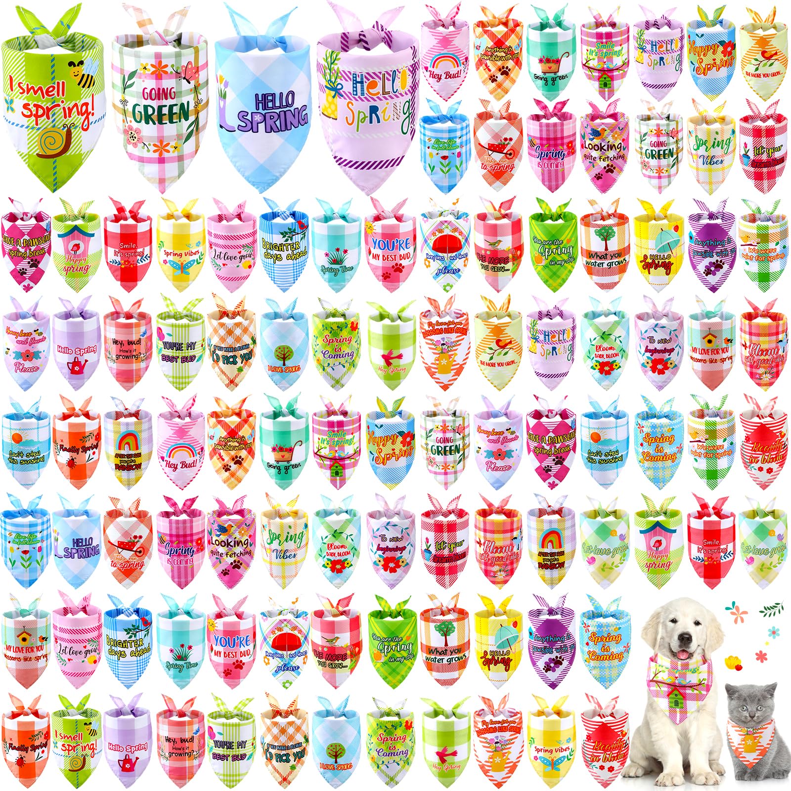 Sweetude 100 Pcs Spring Plaid Dog Bandanas Bulk With Sayings Spring Pet Scarf Bibs Adjustable Washable Kerchief Seasonal Pet Cos