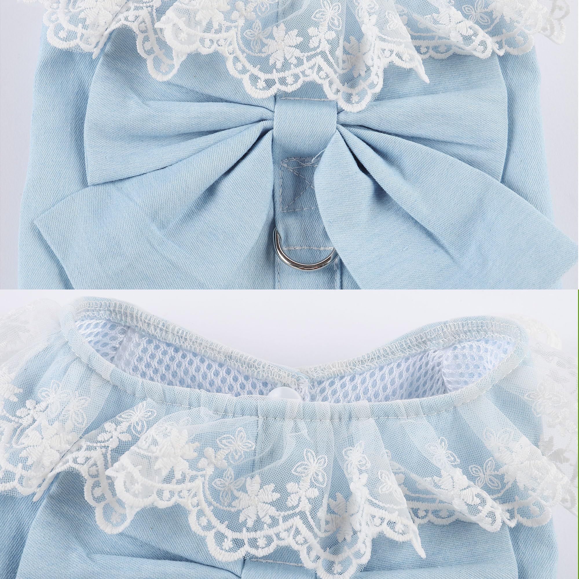 Dog Denim Dress With Leash Ring, Puppy Bowknot Lace Mesh Princess Skirt For Small Pet Fashion Clothes(Light Blue,Medium)