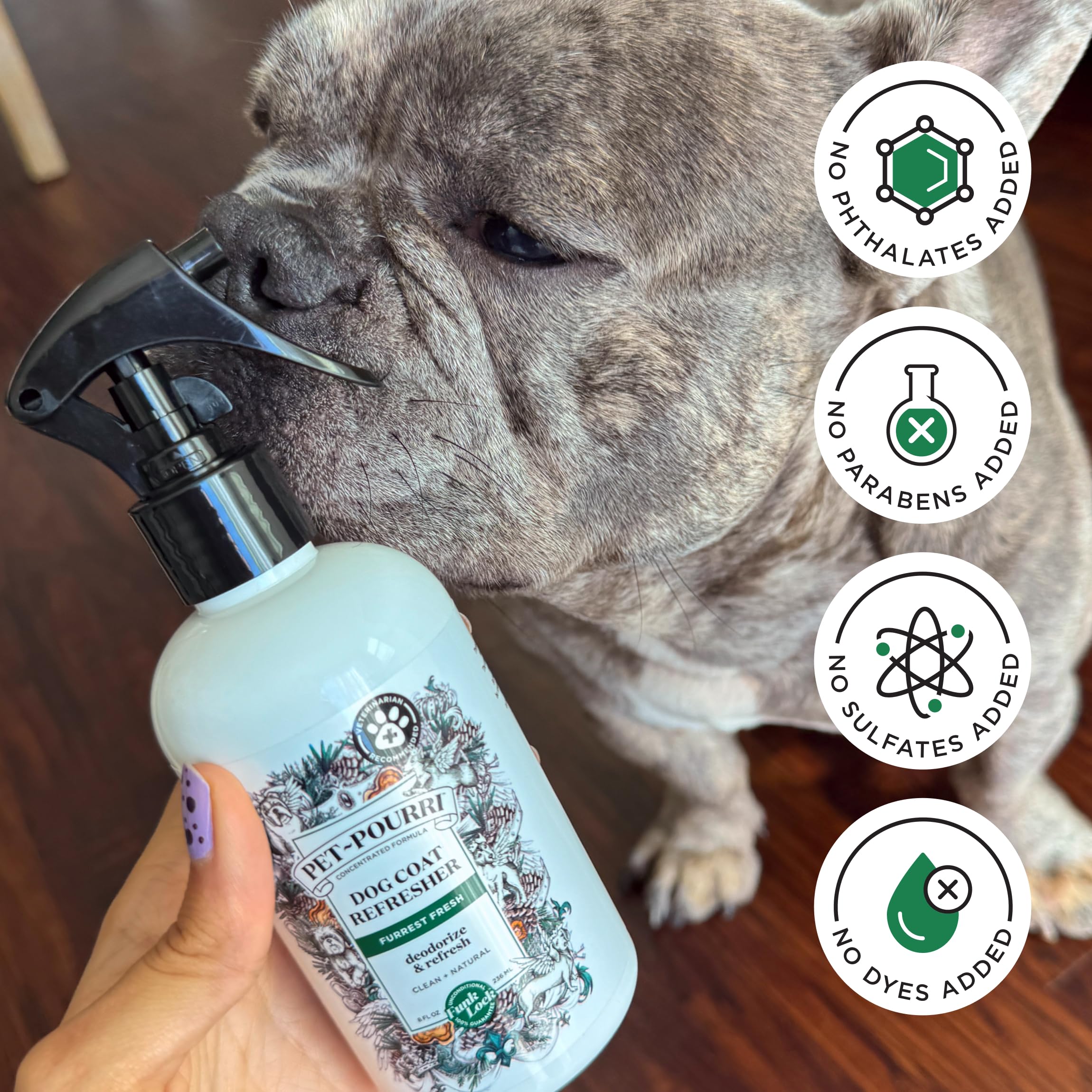 Pet-Pourri Dog Coat Deodorizing Spray - Plant Derived Ingredients - Vet Recommended - Fir + Amber + Cedarwood - Paraben & Sulfat