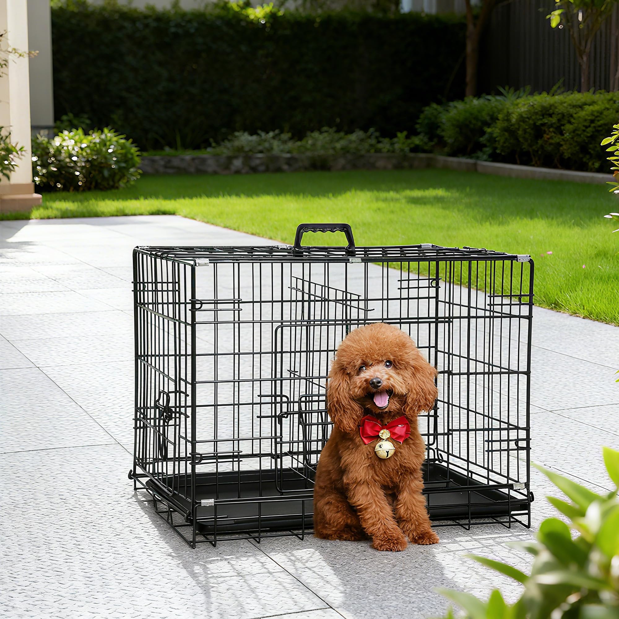 FDW 24-Inch Dog Crate Pet Cage with Metal Folding Design Plastic Tray Indoor Outdoor Dog Kennel Cage for Small Dogs,Dark Black
