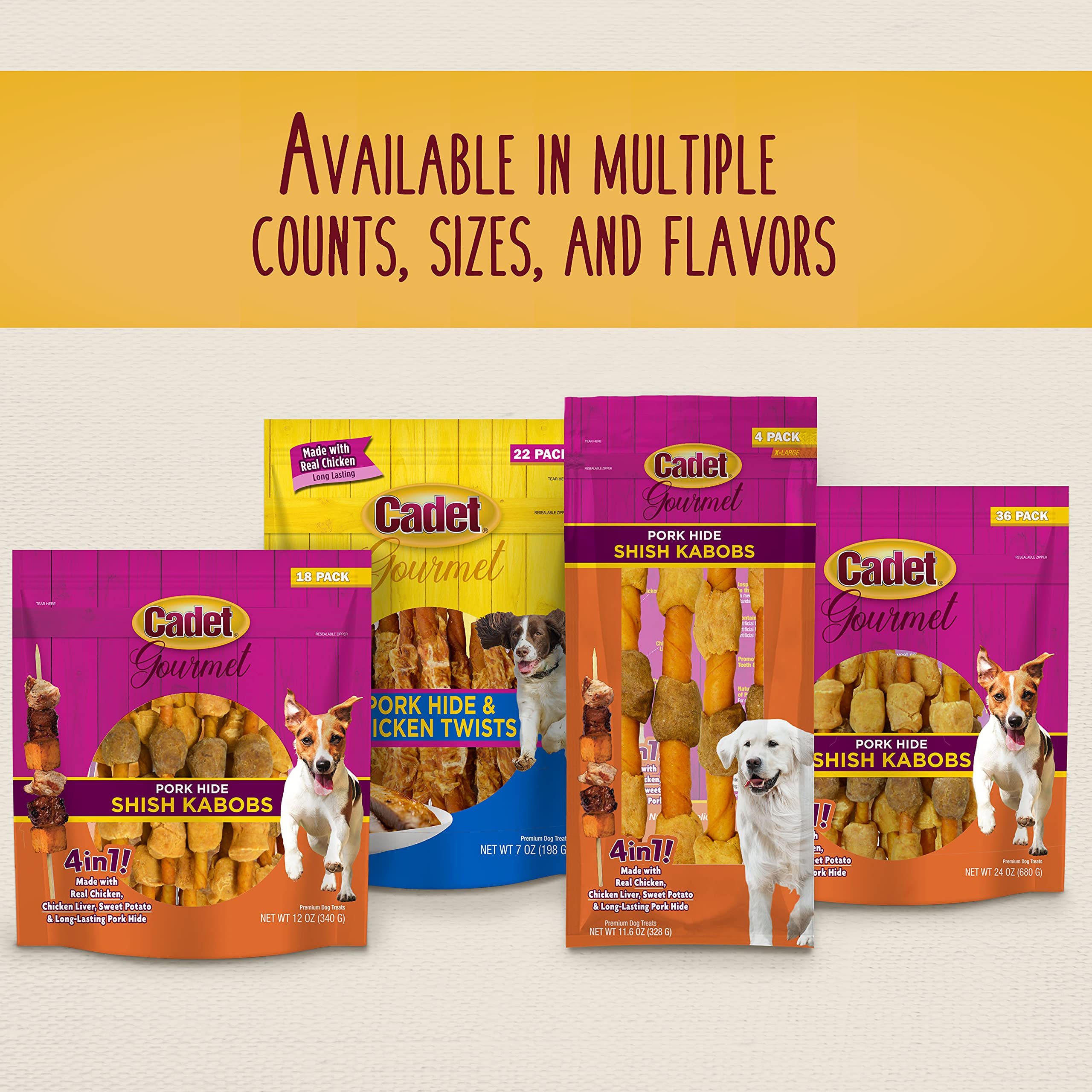 Cadet Gourmet Shish Kabob Dog Treats for Large Dogs, Healthy & Natural Chicken & Sweet Potato Chew Sticks, Pork Hide, Extra Larg