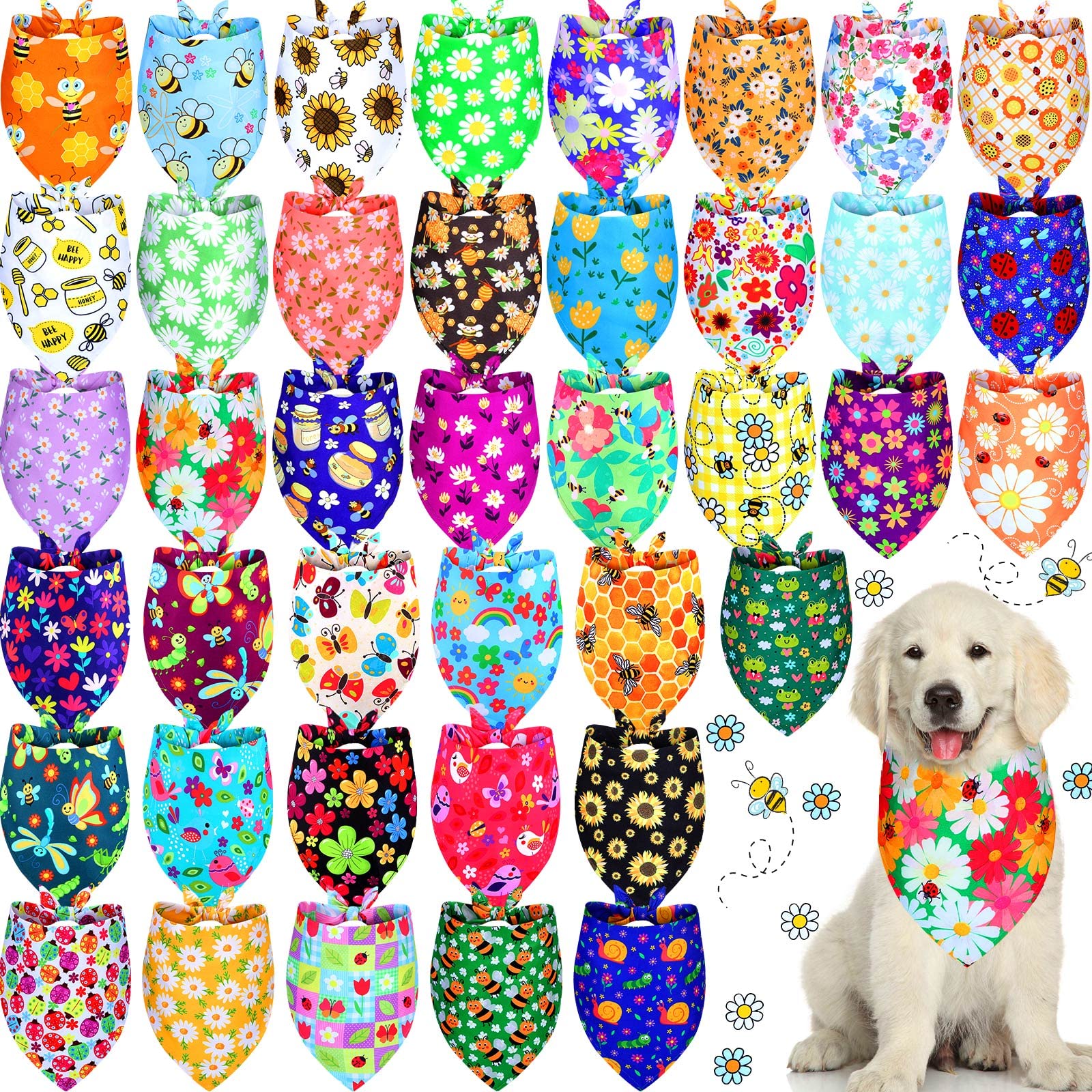 Sadnyy 40 Pcs Summer Flower Bee Dog Bandanas Bulk for Dogs Floral Triangle Reversible Dog Bibs Adjustable Puppy Kerchief Scarf W