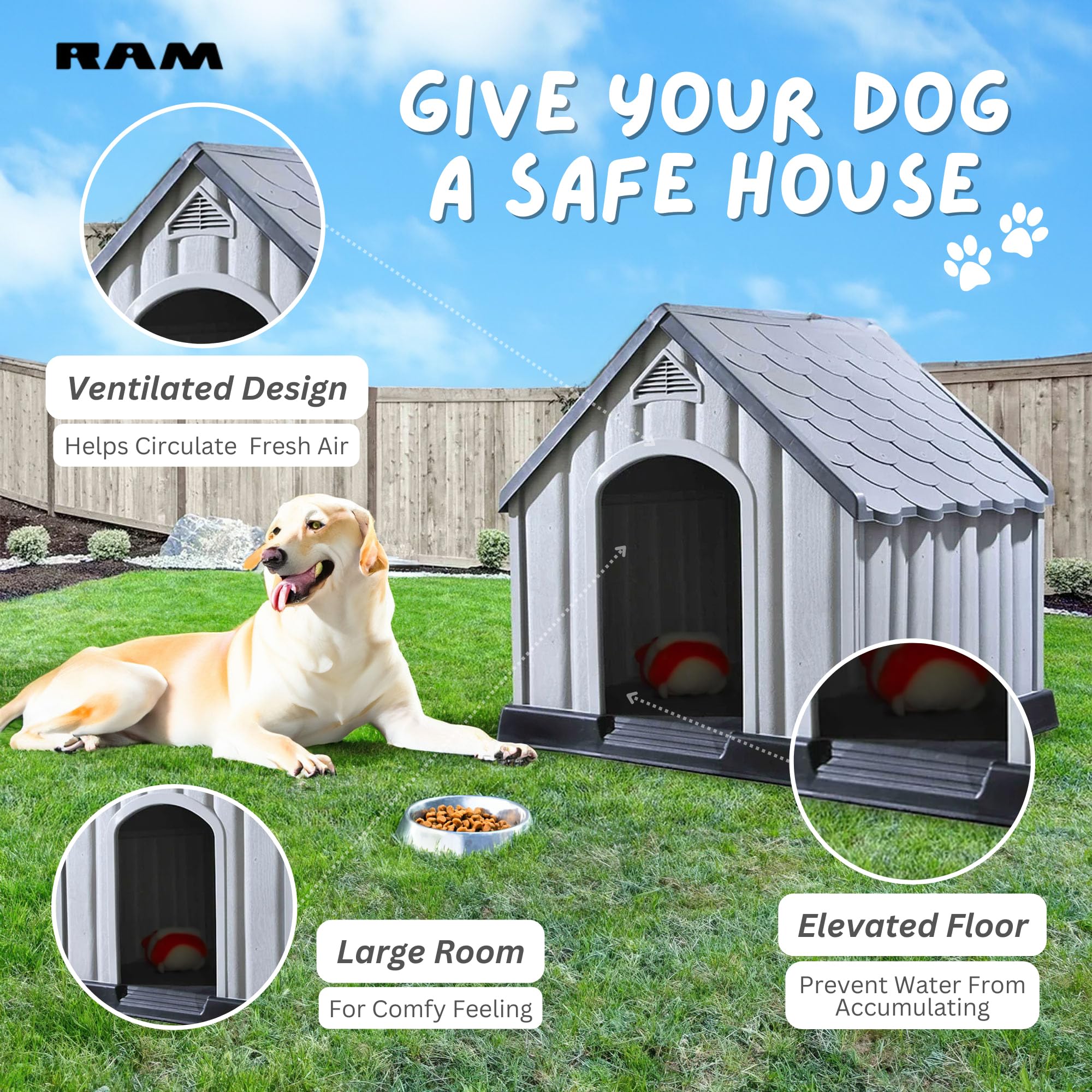 Ram Quality Products Innovative Outdoor Pet House Large Waterproof Dog Kennel Shelter For Small, Medium, And Large Dogs With Sla