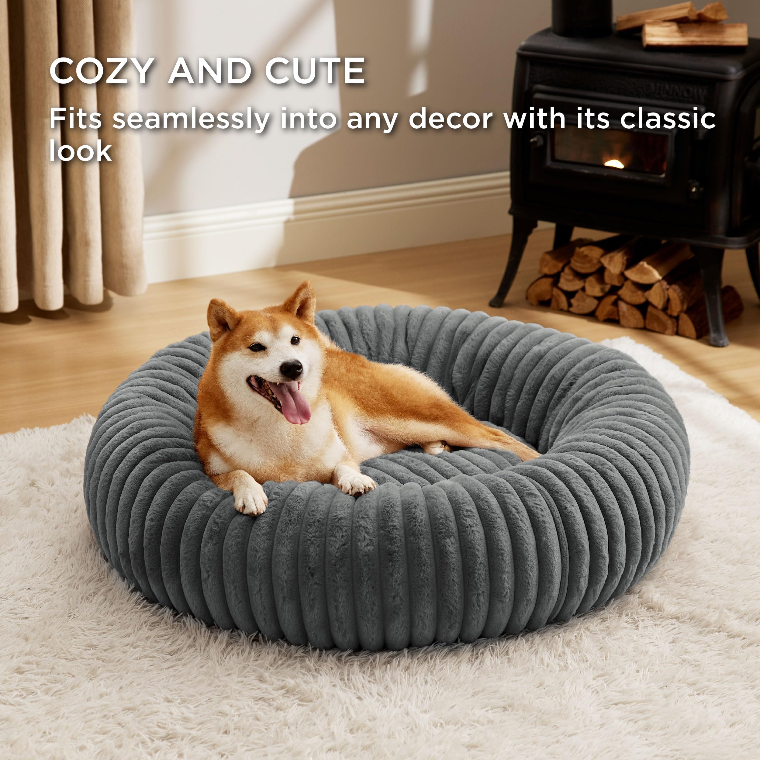 Bedsure Donut Large Dog Bed - Washable Faux Fur With Corduroy Fleece & Anti Slip Bottom, Round Pet Bed With Removable Cover, War