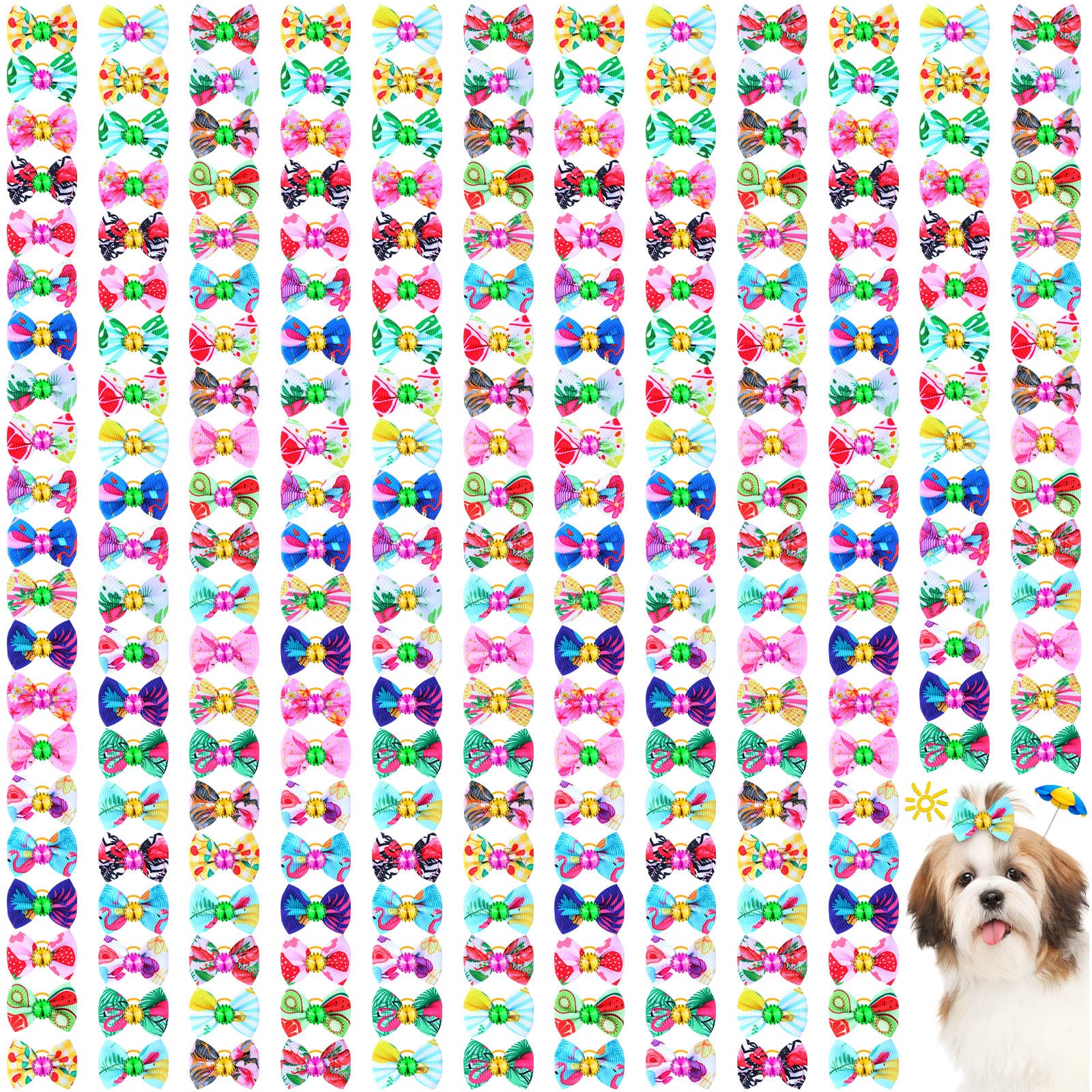 Sadnyy 240 Pcs Summer Spring Dog Hair Bows With Rubber Bands Rhinestone Grooming Dog Puppy Bows For Girls Boys Dogs Cute Ear Bow