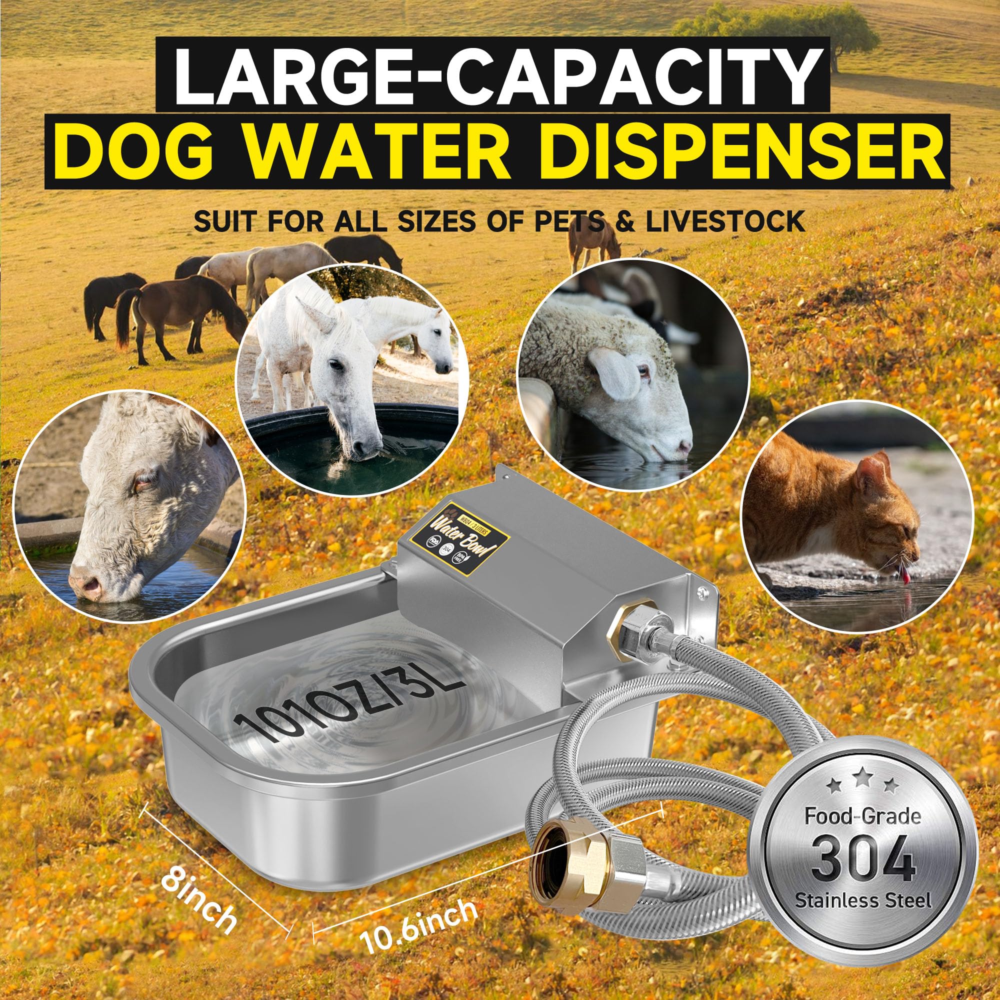 PETIMI Automatic Water Dispenser for Dogs, 101oz Outdoor Dog Water Bowl, 304 Stainless Steel Water Feeder for Small to Large Pet