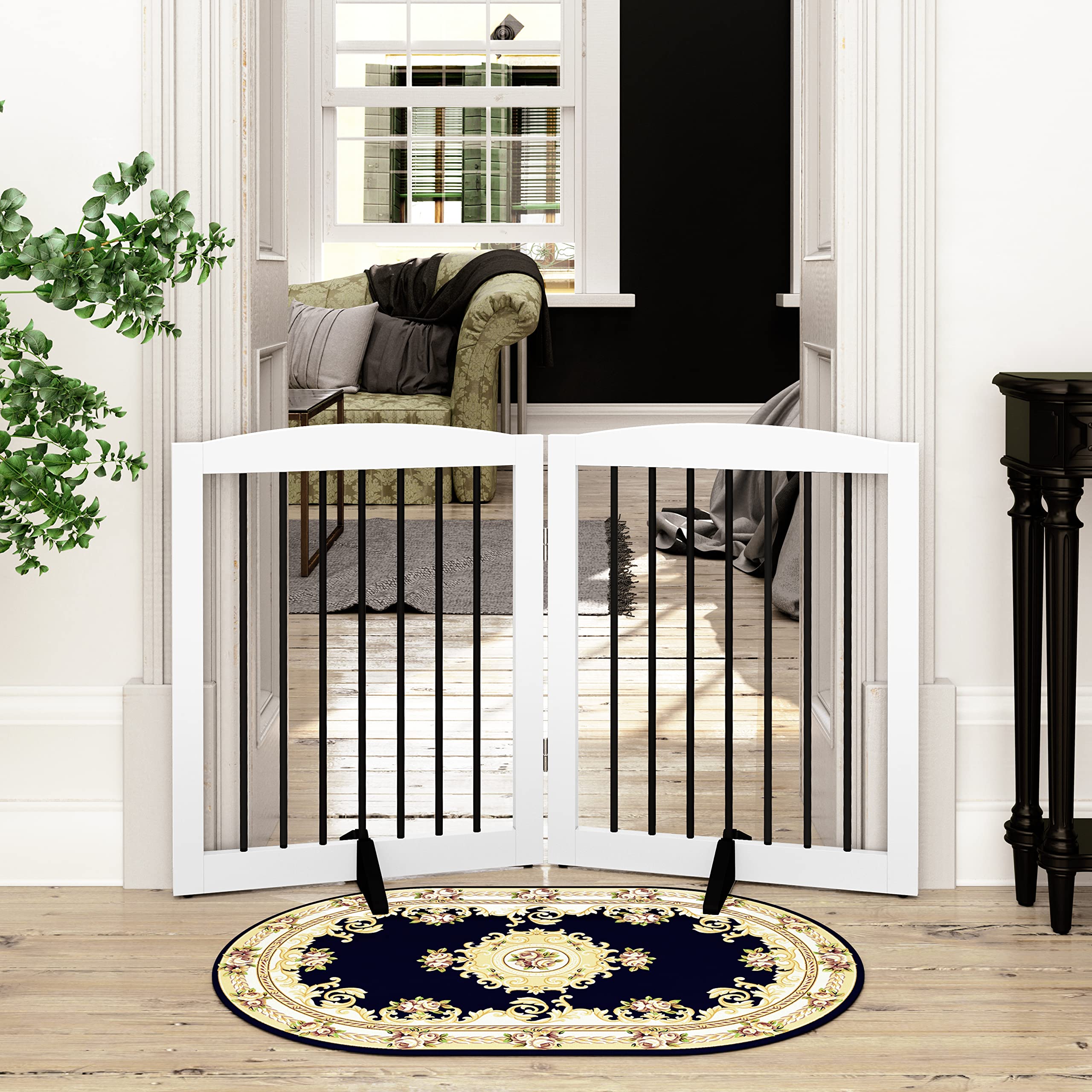 PUPETPO Freestanding Pet Gate for Dogs, Foldable Wooden Dog Gate for House, Indoor Dog Gate for Stairs, Doorways, Gates for Dogs