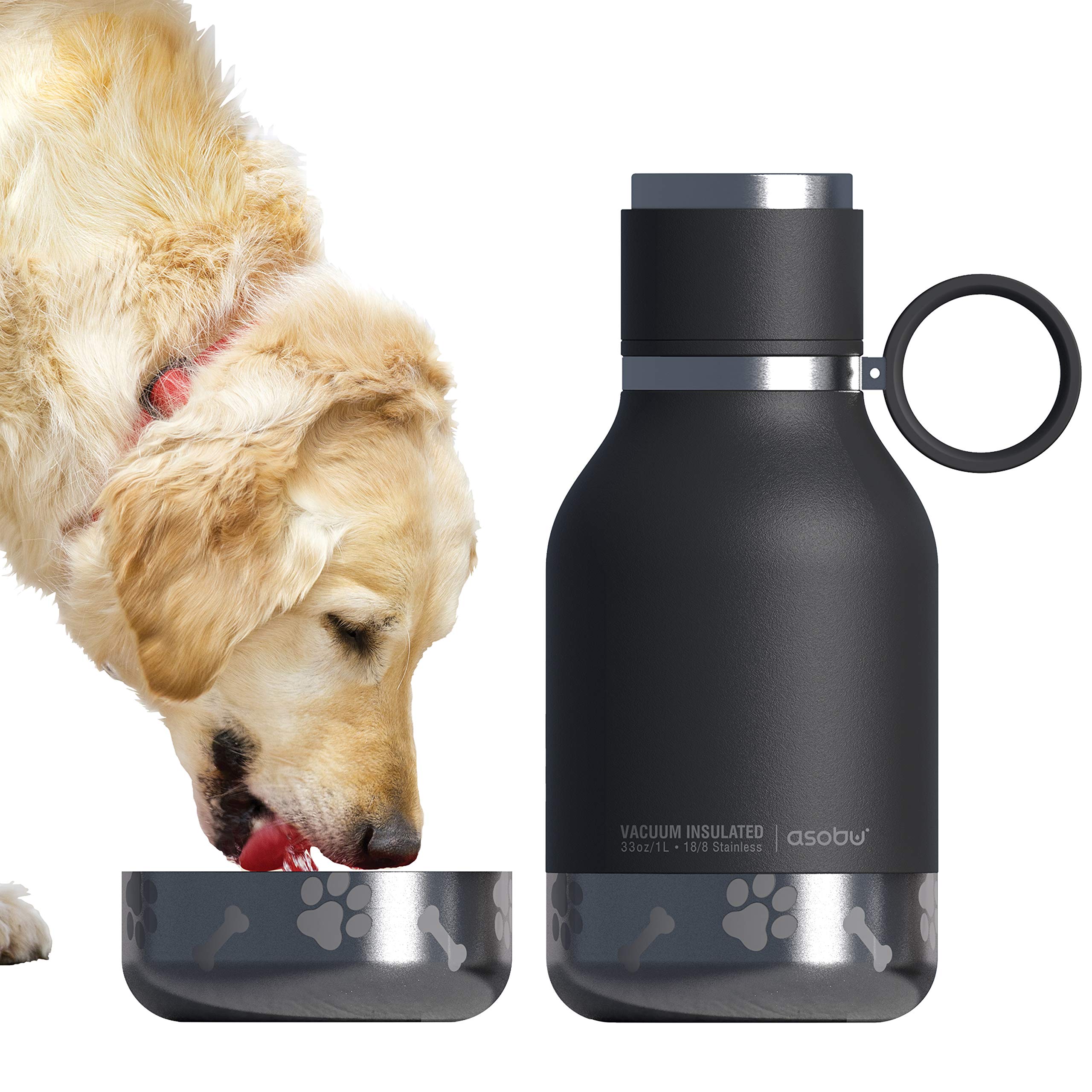 Asobu Dog Bowl Attached To Stainless Steel Insulated Travel Bottle For Human 33 Ounce (Black)…