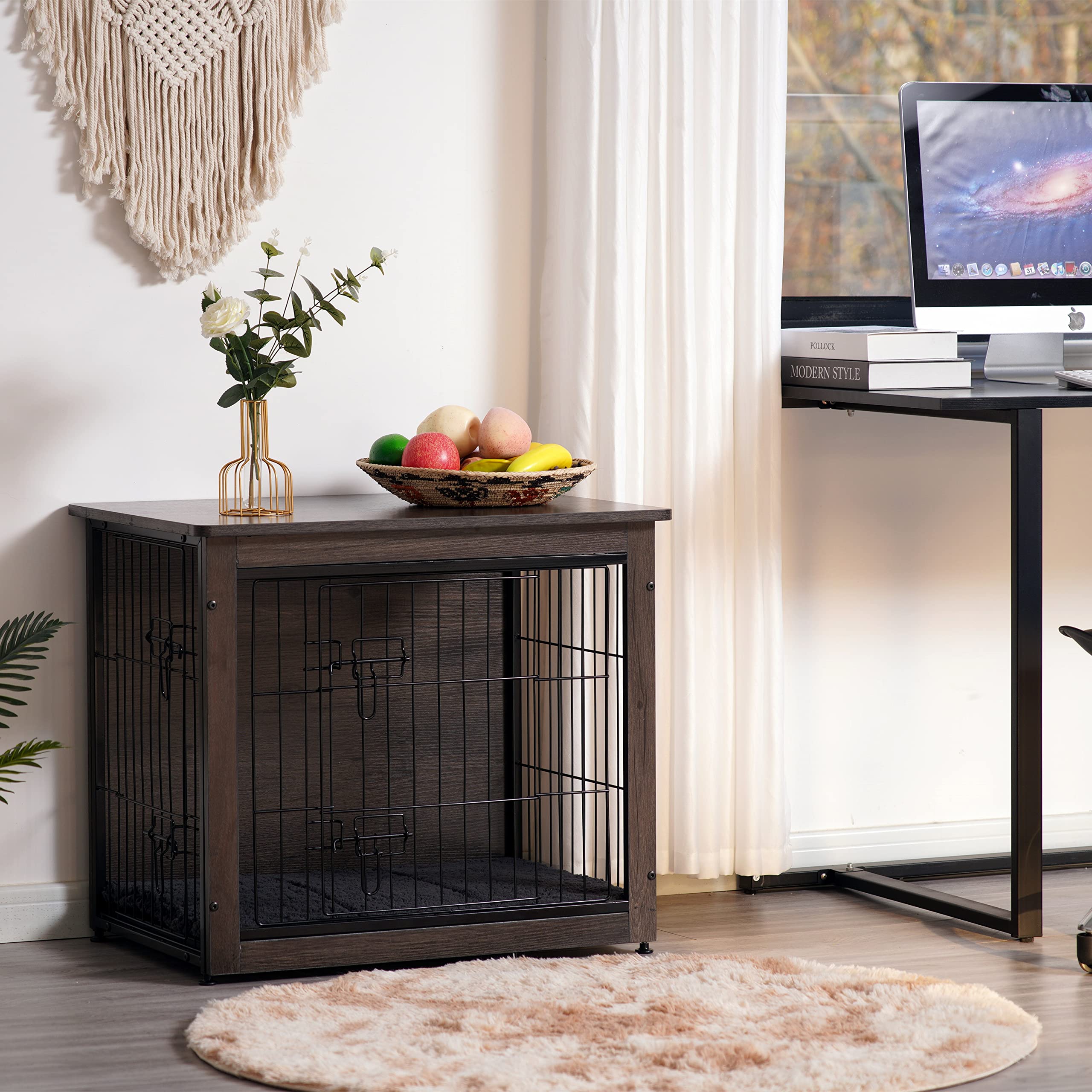 Dwanton Dog Crate Furniture With Cushion, Wooden Crate With Double Doors, Dog Kennel Indoor For Small/Medium/Large Dog, End Table, Small, 27.2' L, Dark Grey