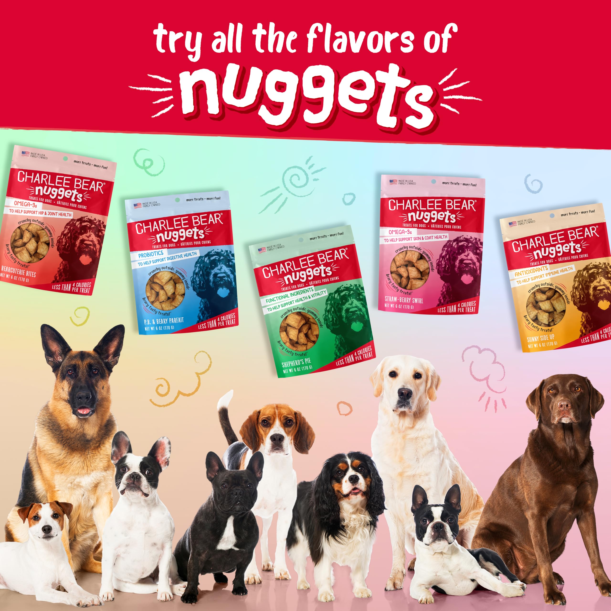 Charlee Bear Nuggets Crunchy and Soft Dog Treats, Sunny Side Up, 6 Ounce Resealable Bag, Immune Health Support, Grain Free, Low