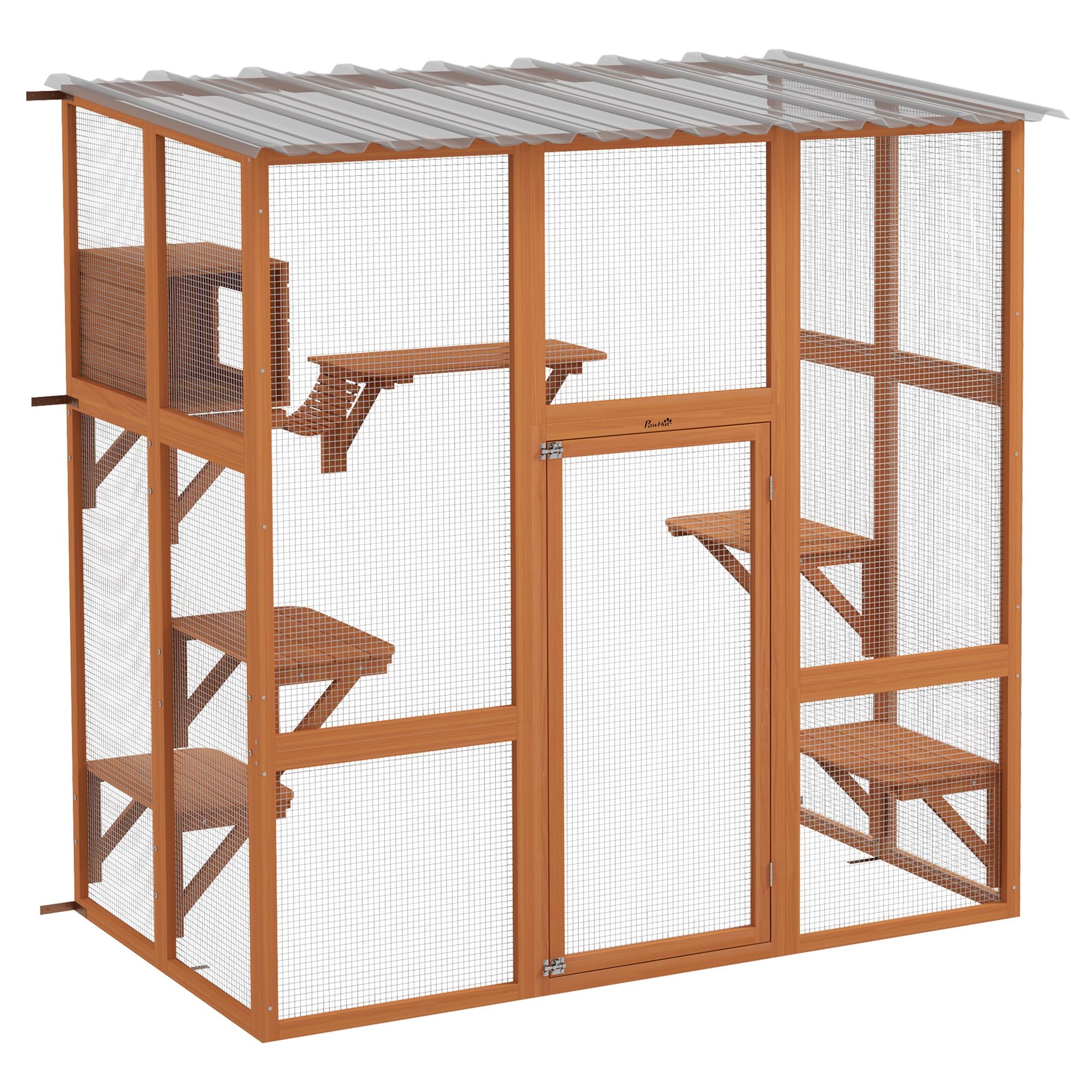 Pawhut Catio, Outdoor Cat Enclosure Window Box, Wooden Cat House Playground With Scratching Posts, Weather Protection Roof For 1