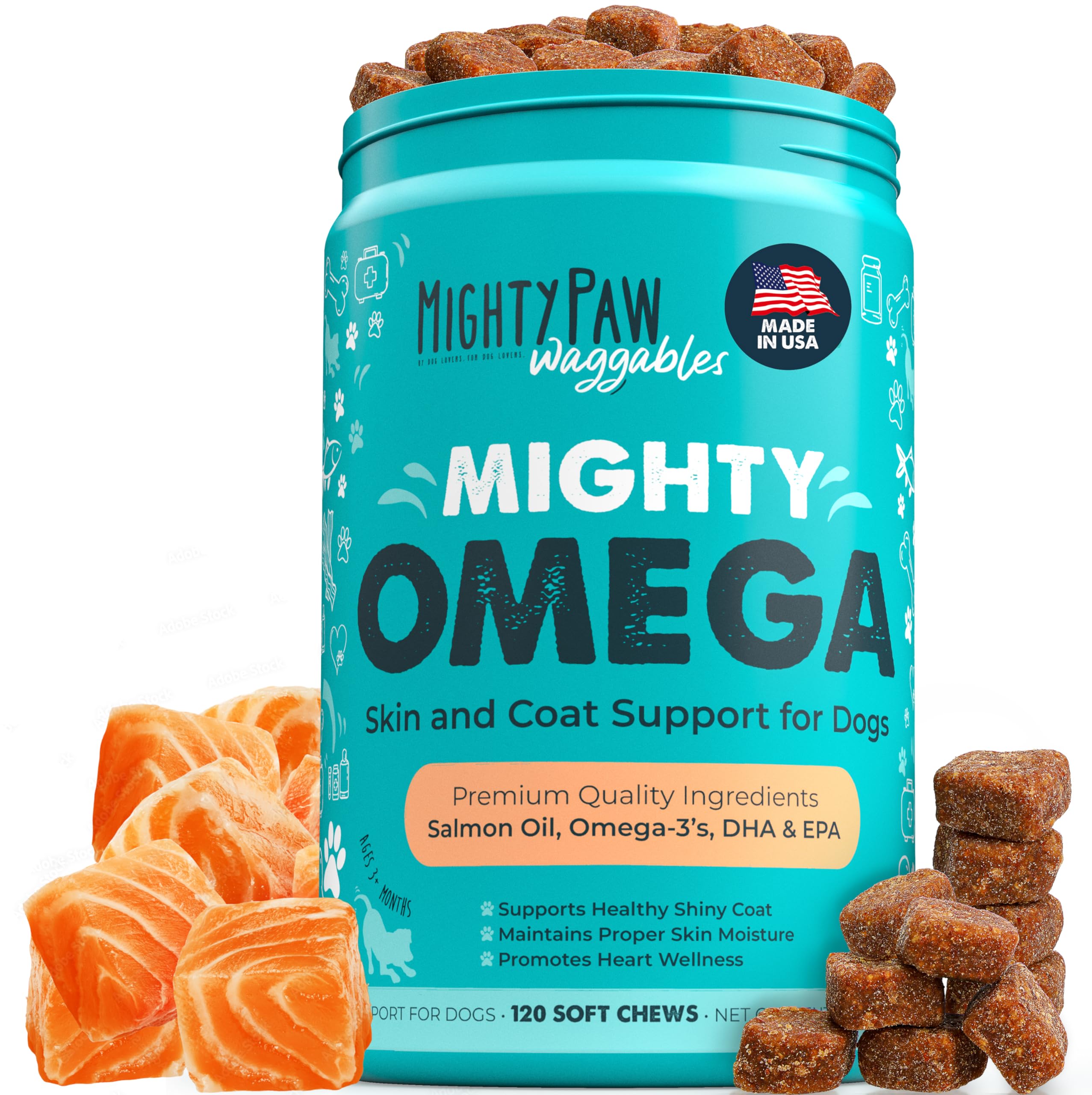 Mighty Paw Waggables Mighty Omega (Made in The USA, 120 Count) | Omega 3 Fish Oil Chew for Dogs. Salmon Flavor Skin and Coat Sup