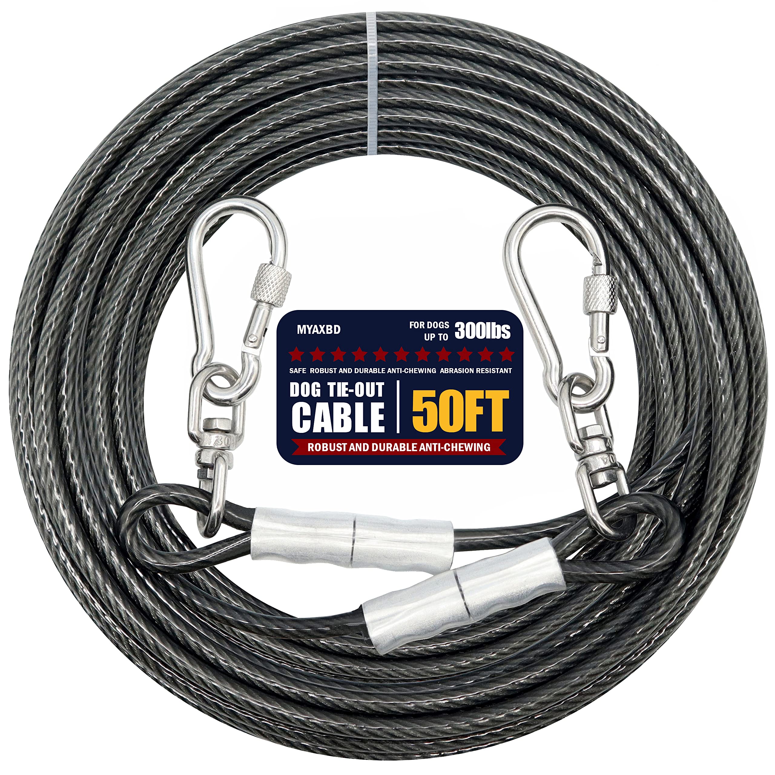 Myaxbd 50Ft Heavy Duty Tie Out Cable - Chew-Proof Long Dog Leash, Durable Dog Chain & Lead For Large Dogs, Outdoor Yard & Campin