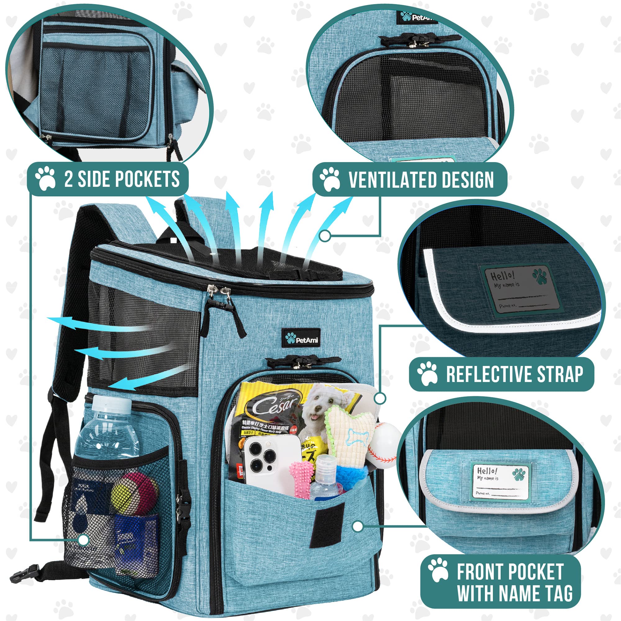 Petami Dog Backpack Carrier, Airline Approved Cat Backpacks For Carrying Small Large Cats, Pet Carrier Back Pack, Ventilated Soft Sided Dog Cat Bookbag For Travel, Hiking, Camping, Turquoise