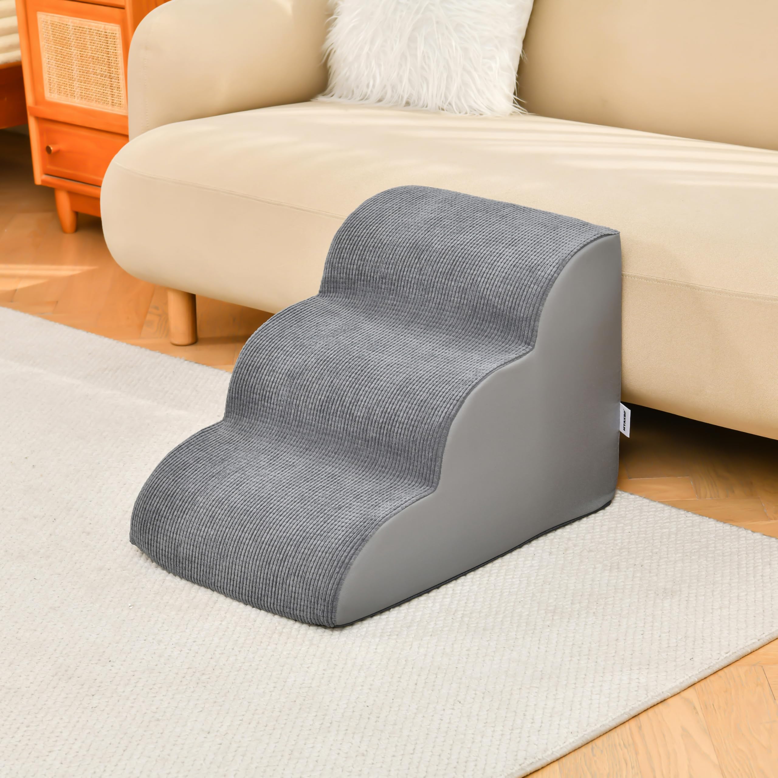 Dog Stairs for Small Dogs 15.7    H, Pet Stairs with High-Density Foam, 3-Step Dog Steps for Bed, Couch or Sofa, Curved Ramp Des
