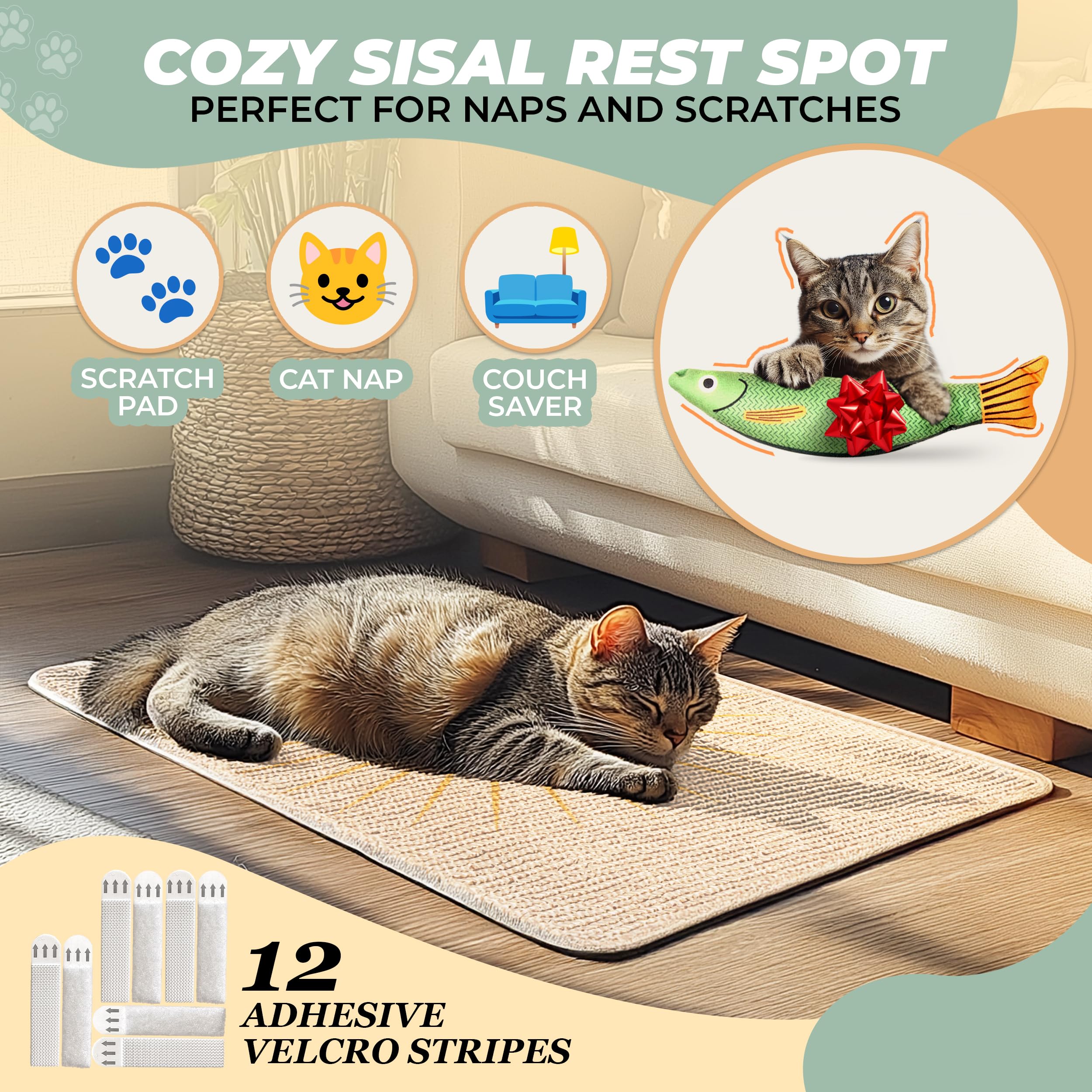 Evomotive Sisal Cat Scratcher, Catnip Fish Toy, Cat Wall Scratcher, Couch Protector, Scratching Mat - 24 X 15.8 With 12 Adhesive