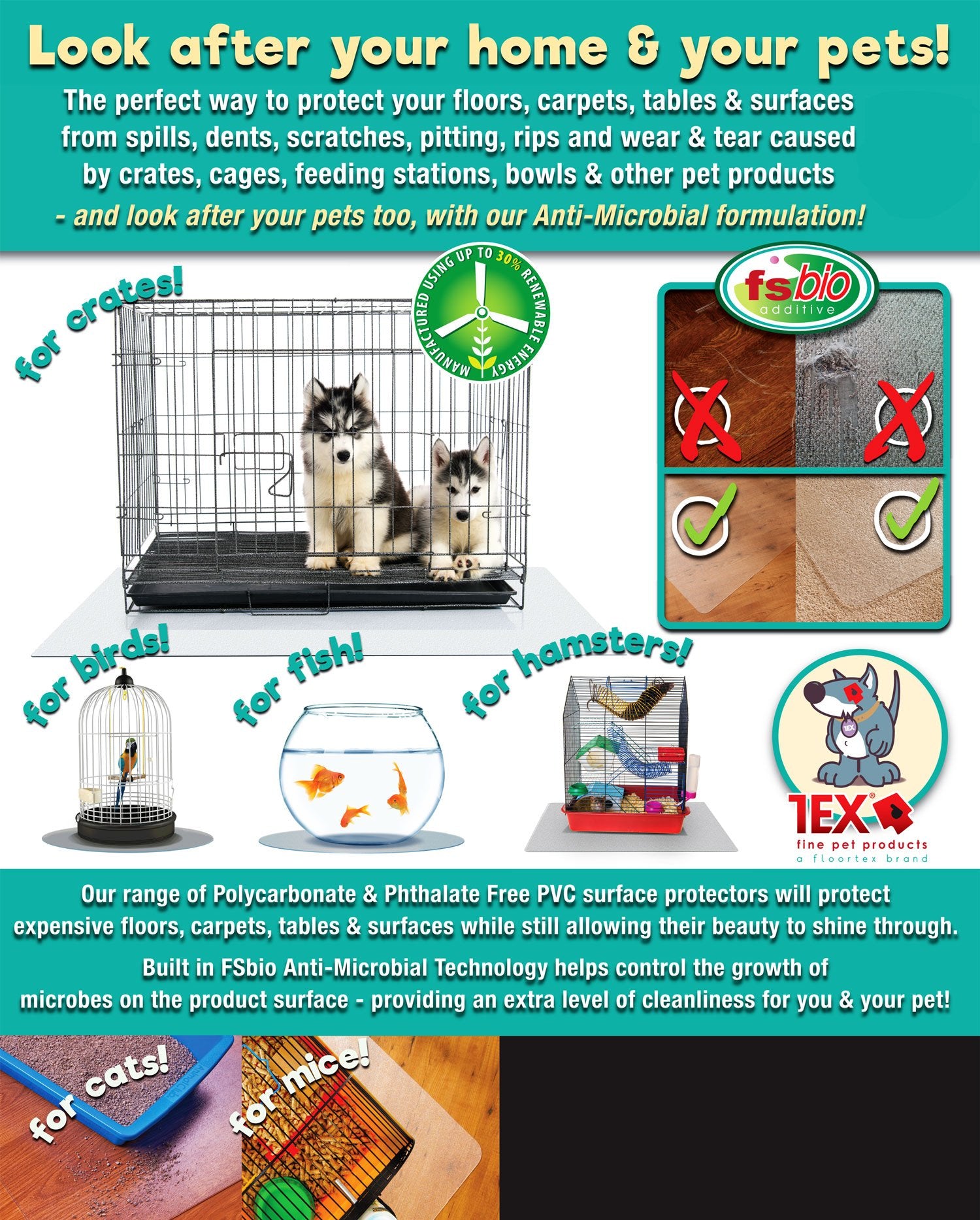 Floortex P-Tex Pet Mat 36' X 48' Feeding Station Floor Protection For Carpets, Fresh Mist (Dogab1190Ev)