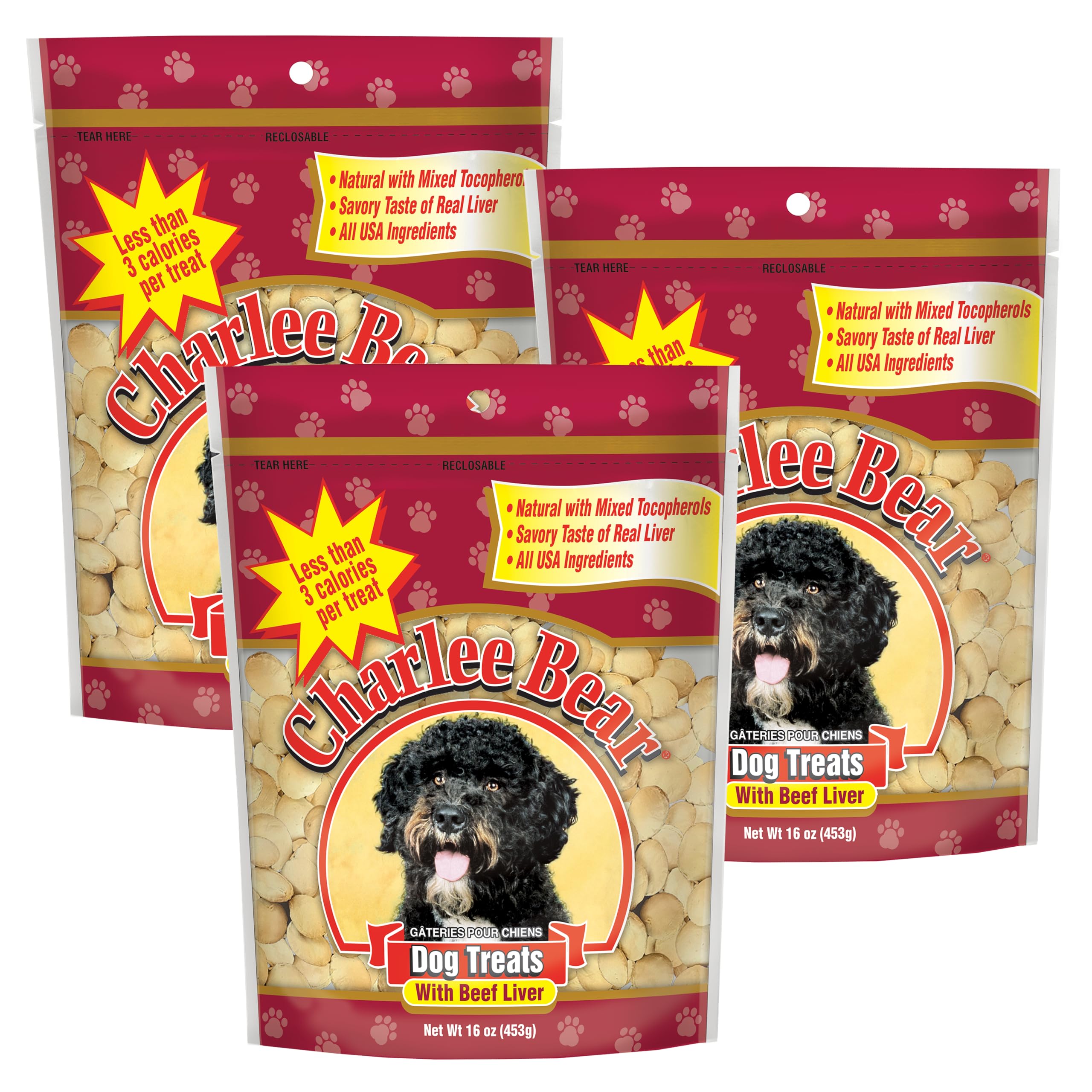 Charlee Bear Original Crunch Beef Liver Dog Treats, 16 oz (3-pack) - Made in the USA, Natural Training Treats for Dogs