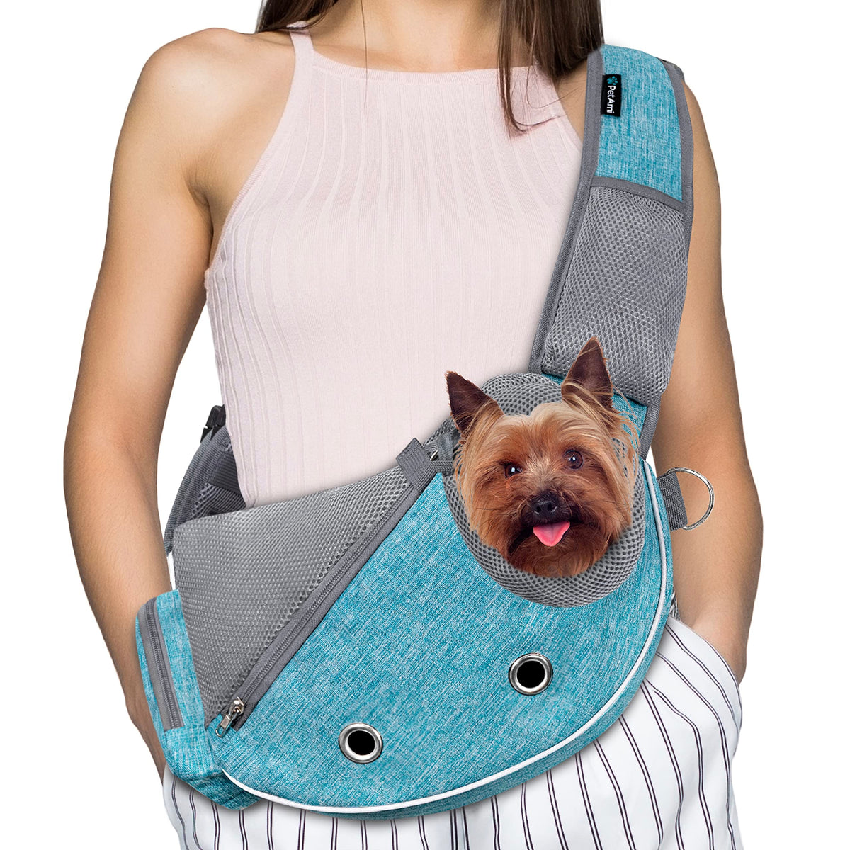 Petami Dog Sling Carrier For Small Dogs, Puppy Carrier Sling Purse, Dog Bags For Traveling, Carrying Bag To Wear Medium Cat, Adjustable Crossbody Pet Sling Travel, Poop Bag Dispenser, Max 10 Lbs, Blue