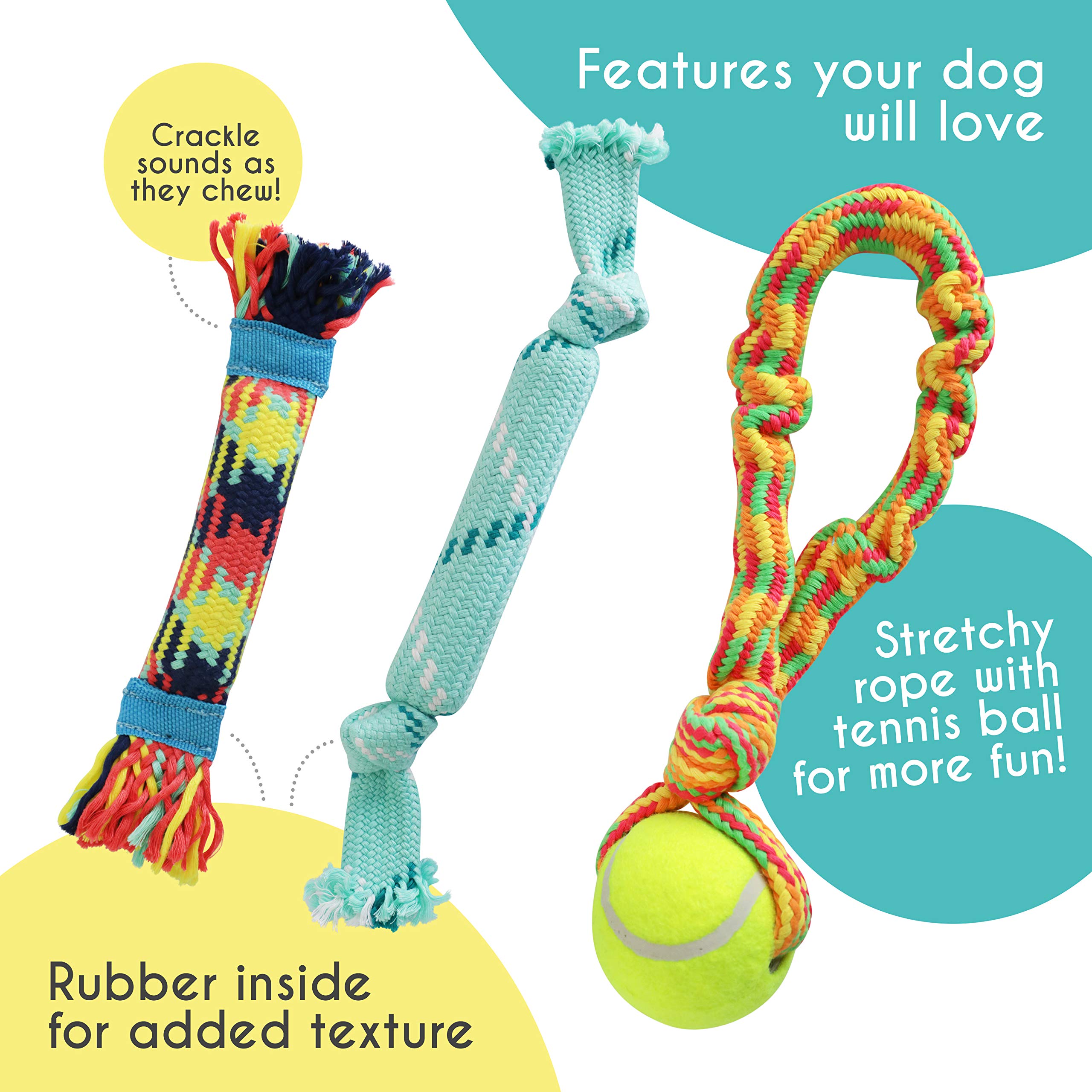 Rocket & Rex Dog Chew Toy Set For Small To Medium Breeds, Includes A Rope, Rubber Squeaker And Plush Toy With Ball, Reduces Dest