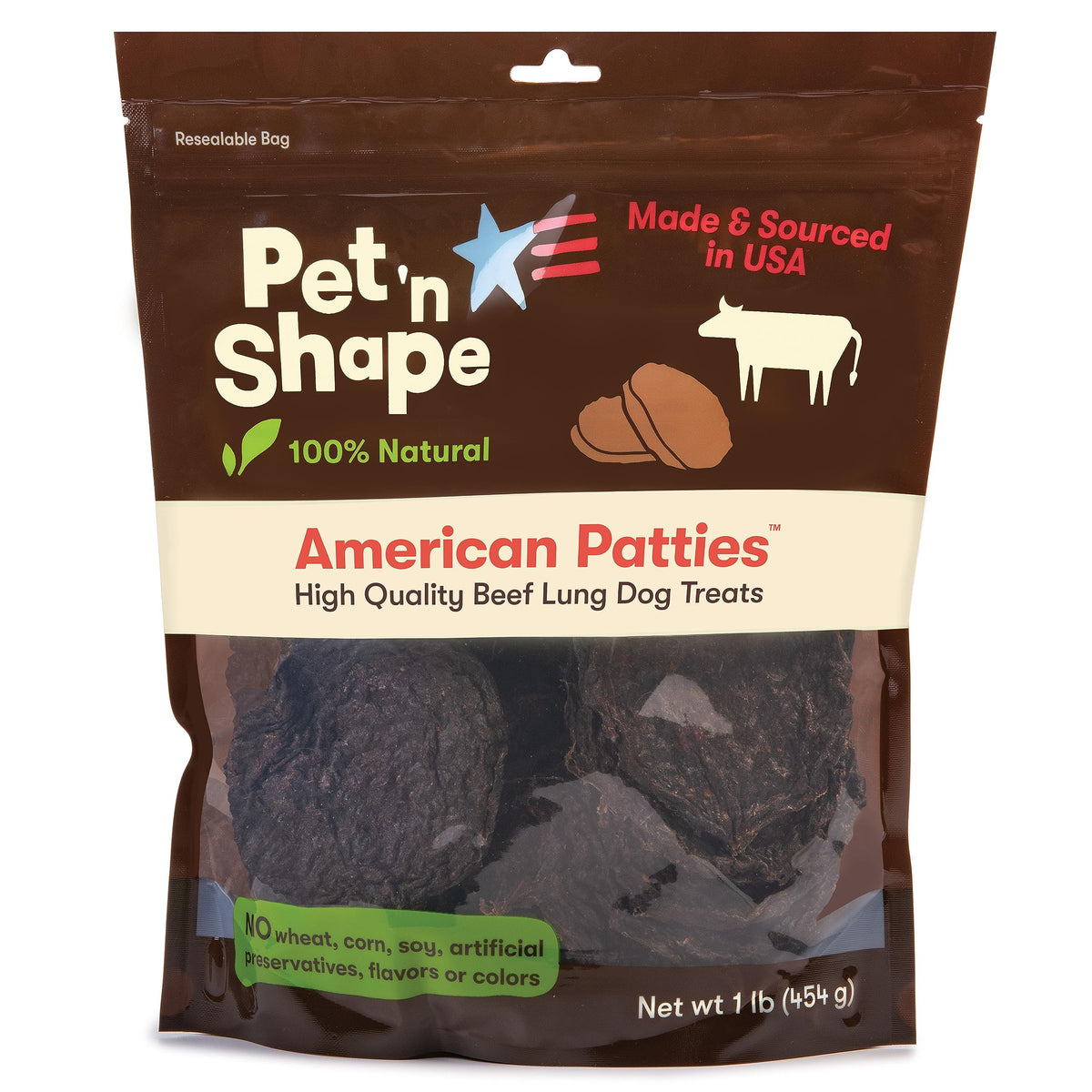 Pet 'N Shape All American Beef Lung Patties Dog Treats – Made And Sourced In The Usa, 1Lb Bag