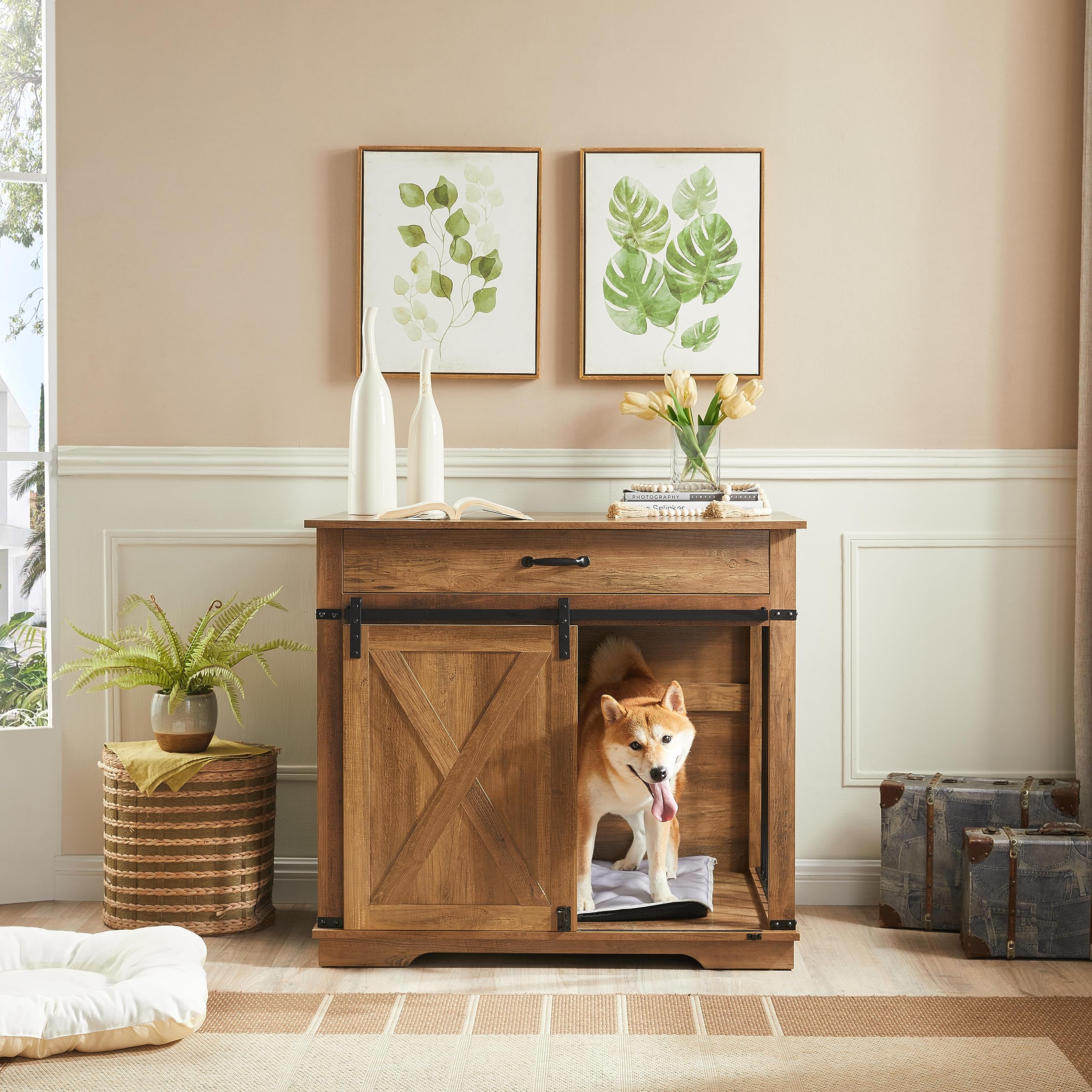 EDYO LIVING 38 Large Dog Crate Furniture with Sliding Barn Door, Wooden Dog Kennel with Drawer for Storage, Water Resistant Indo