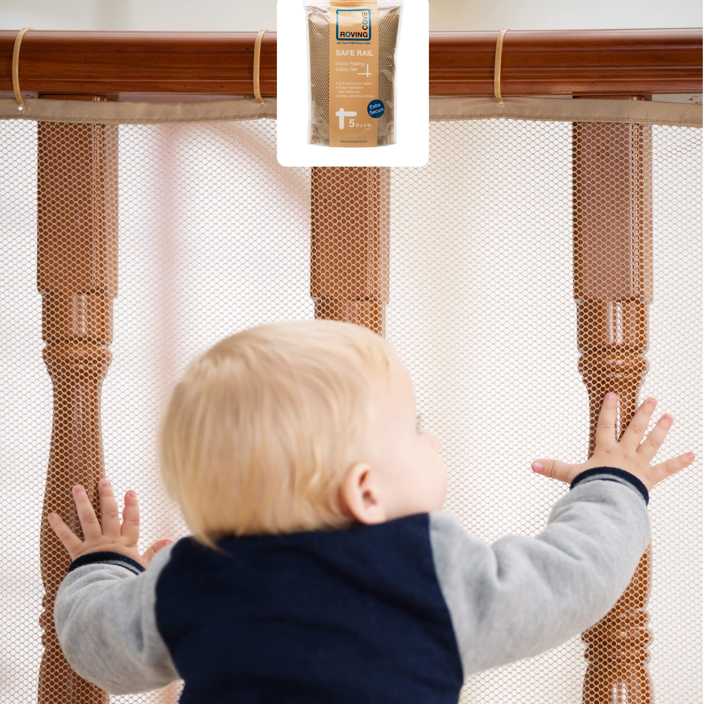 Roving Cove Stair Banister Guard 5ft x 3ft, Railing Safety Net for Baby Proofing, Child Safety Stairway Cover, Balcony Mesh Nett