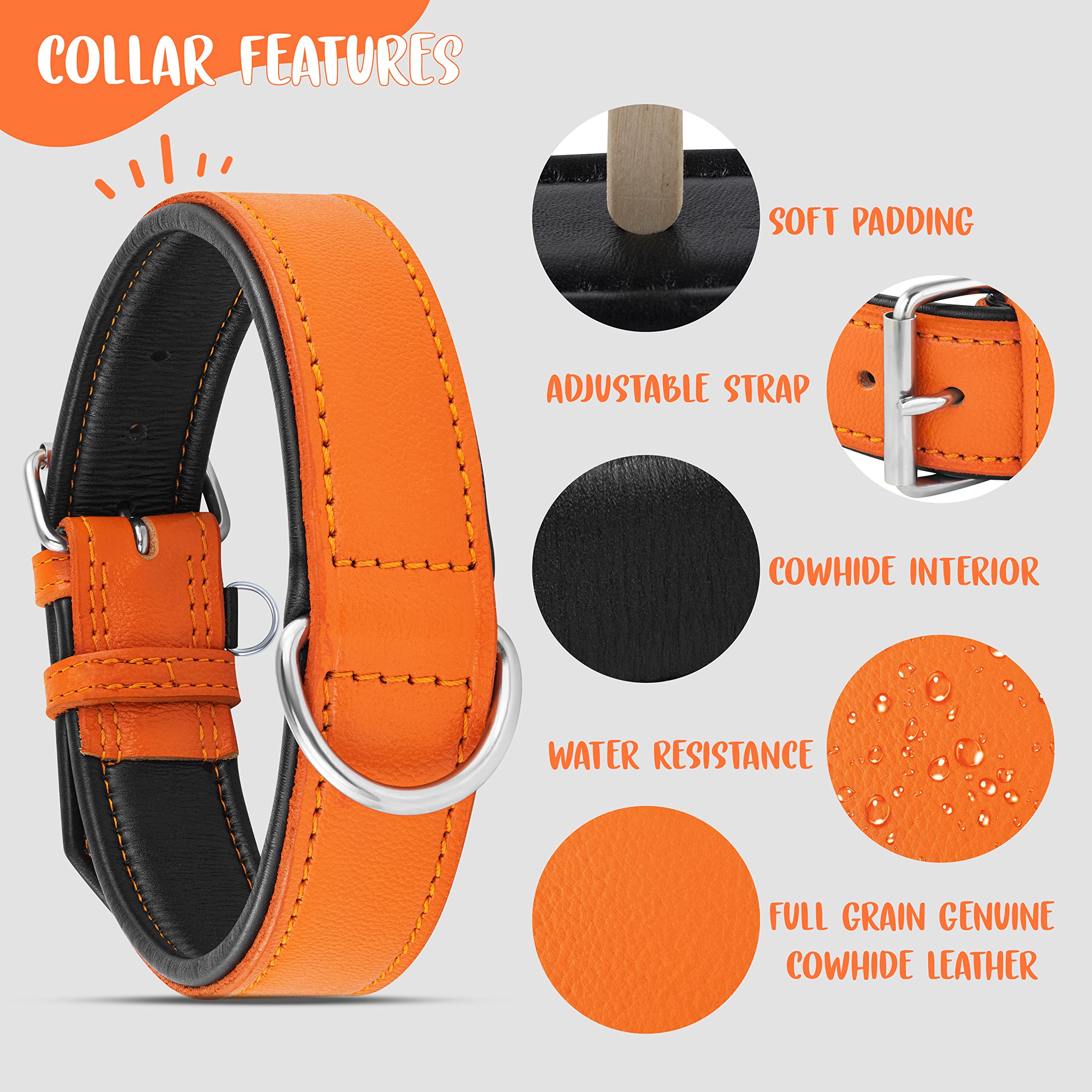 Riparo Orange Leather Dog Collar - Heavy Duty Wide Dog Collar For Small, Medium, Large And Extra Large Dogs With Dog Tag Holder