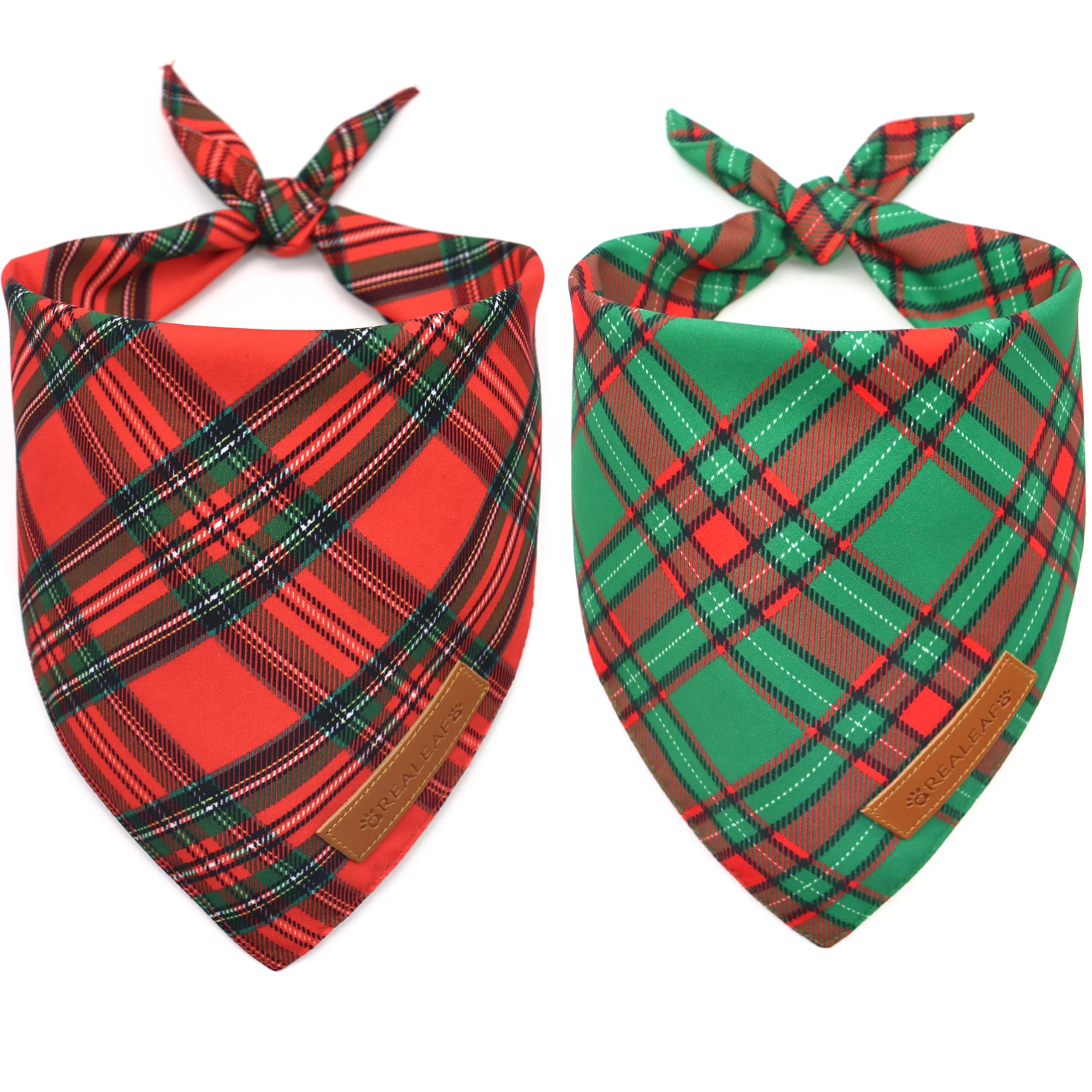 Realeaf Christmas Dog Bandanas 2 Pack, Reversible Red Green Plaid Dog Scarf, Xmas Pet Bandana, Premium Durable Fabric, Holiday C